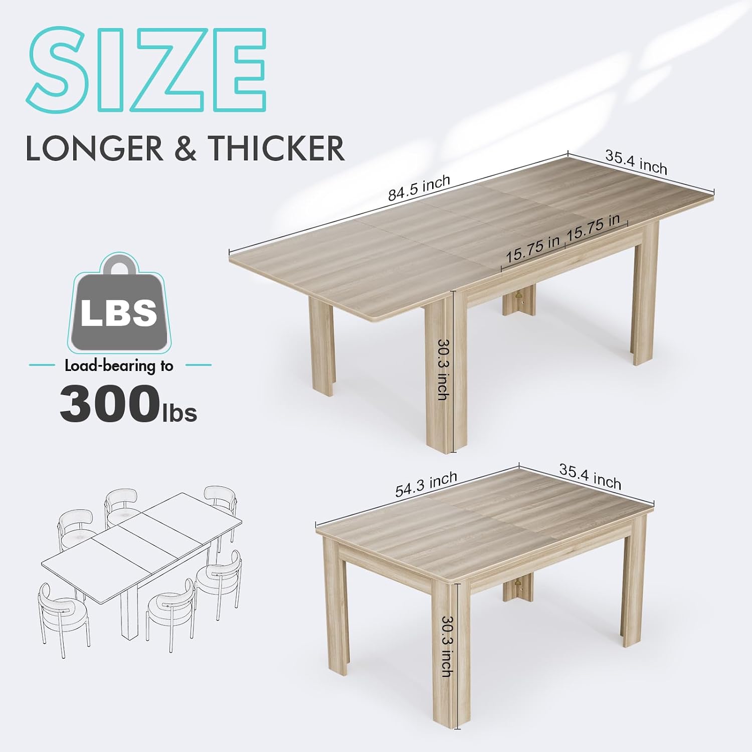 Natural Solid Wood Rectangular Extendable Dining Table