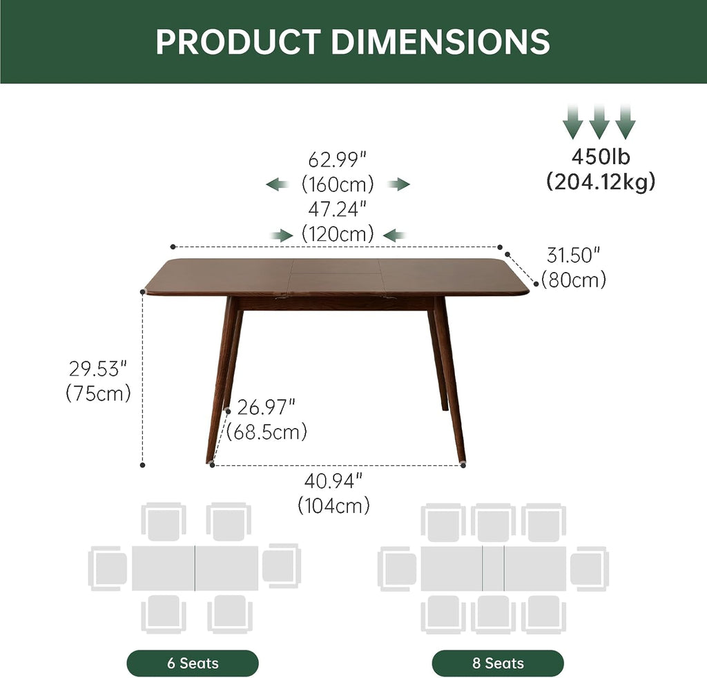 Walnut Oak Mid Century Extendable Dining Table 47-63 Inch