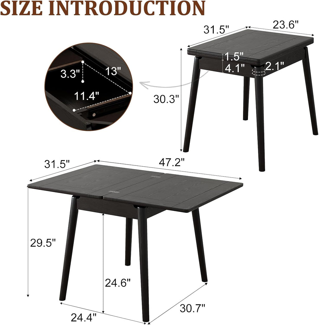 Black Expandable Solid Wood Dining Table for Small Spaces