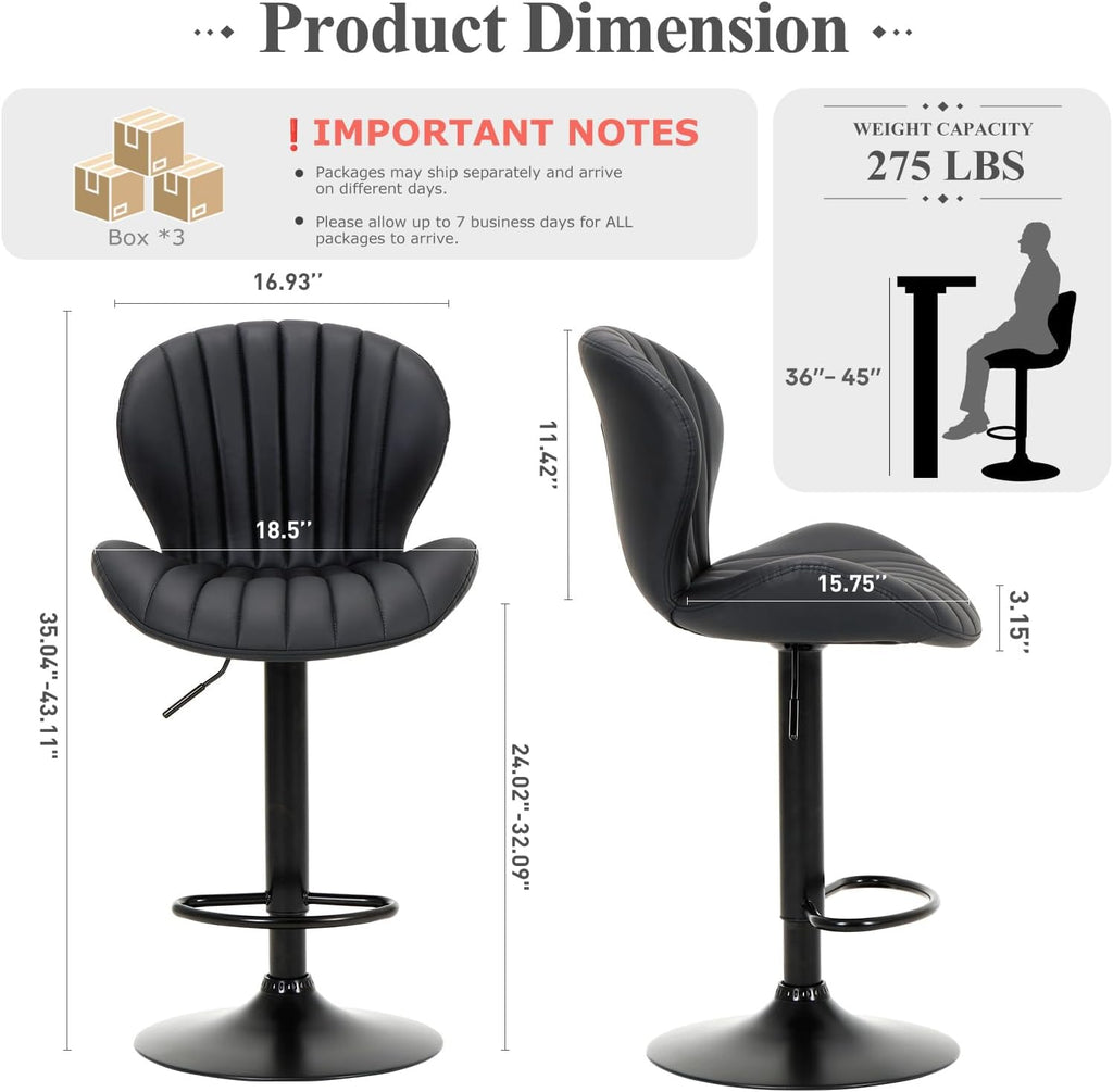 Black Adjustable Swivel Bar Stools Set of 3