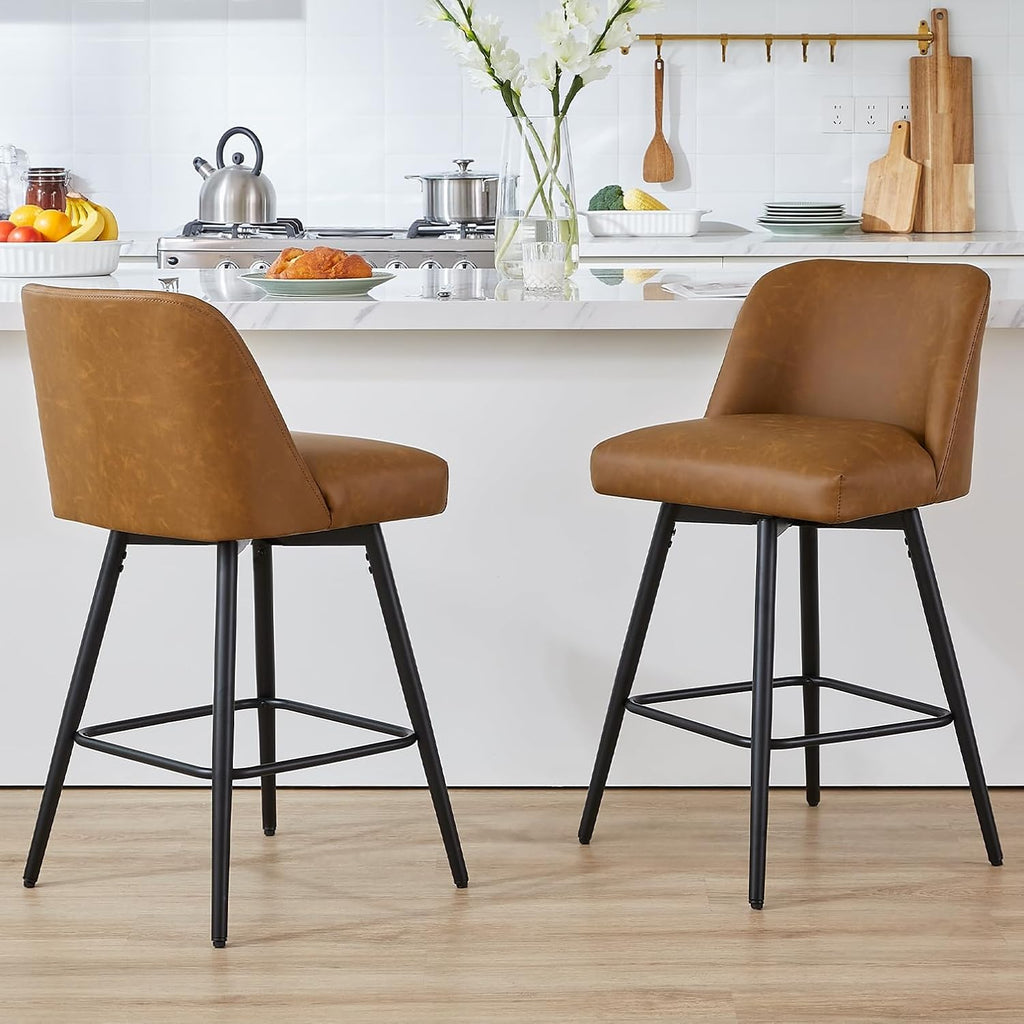 Saddle Brown High Back Swivel Counter Stools Set of 2