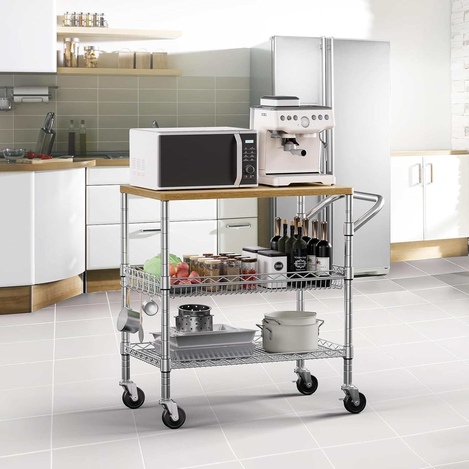 Wood Metal Rolling Kitchen Cart