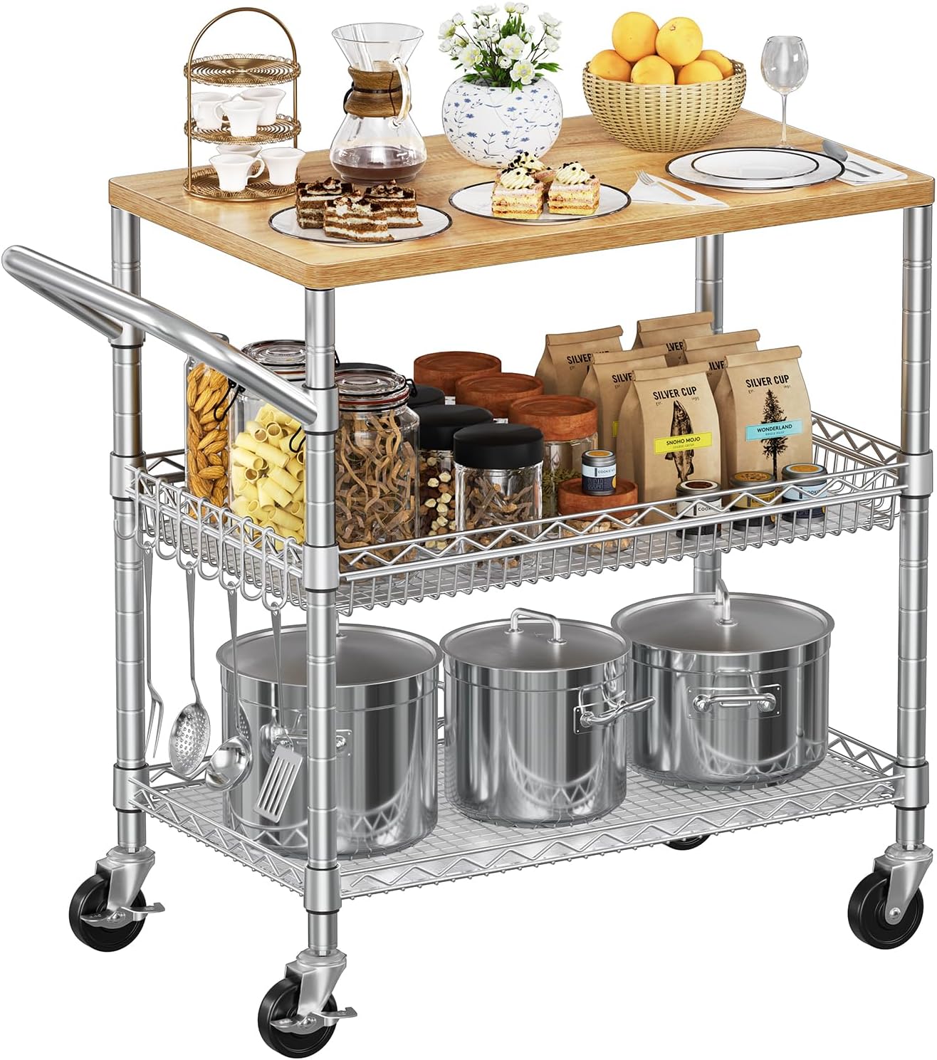 Wood Top 3-Tier Rolling Kitchen Cart