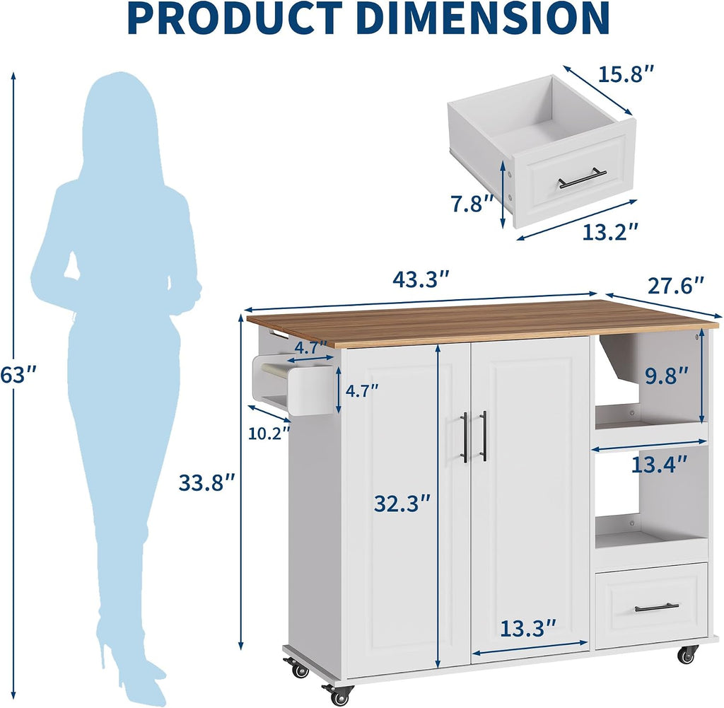 Rubber Wood Rolling Kitchen Island