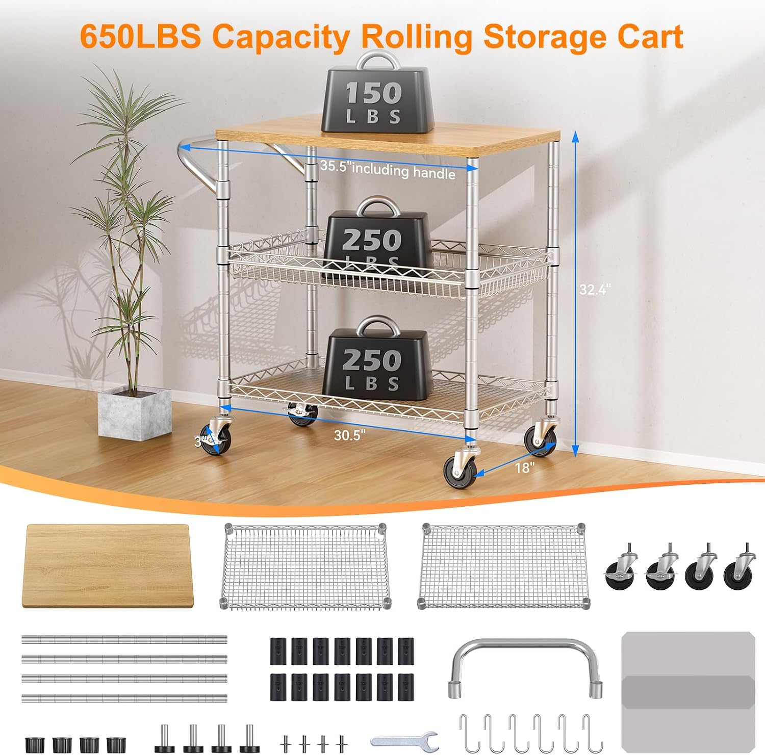 Wood Top 3-Tier Rolling Kitchen Cart