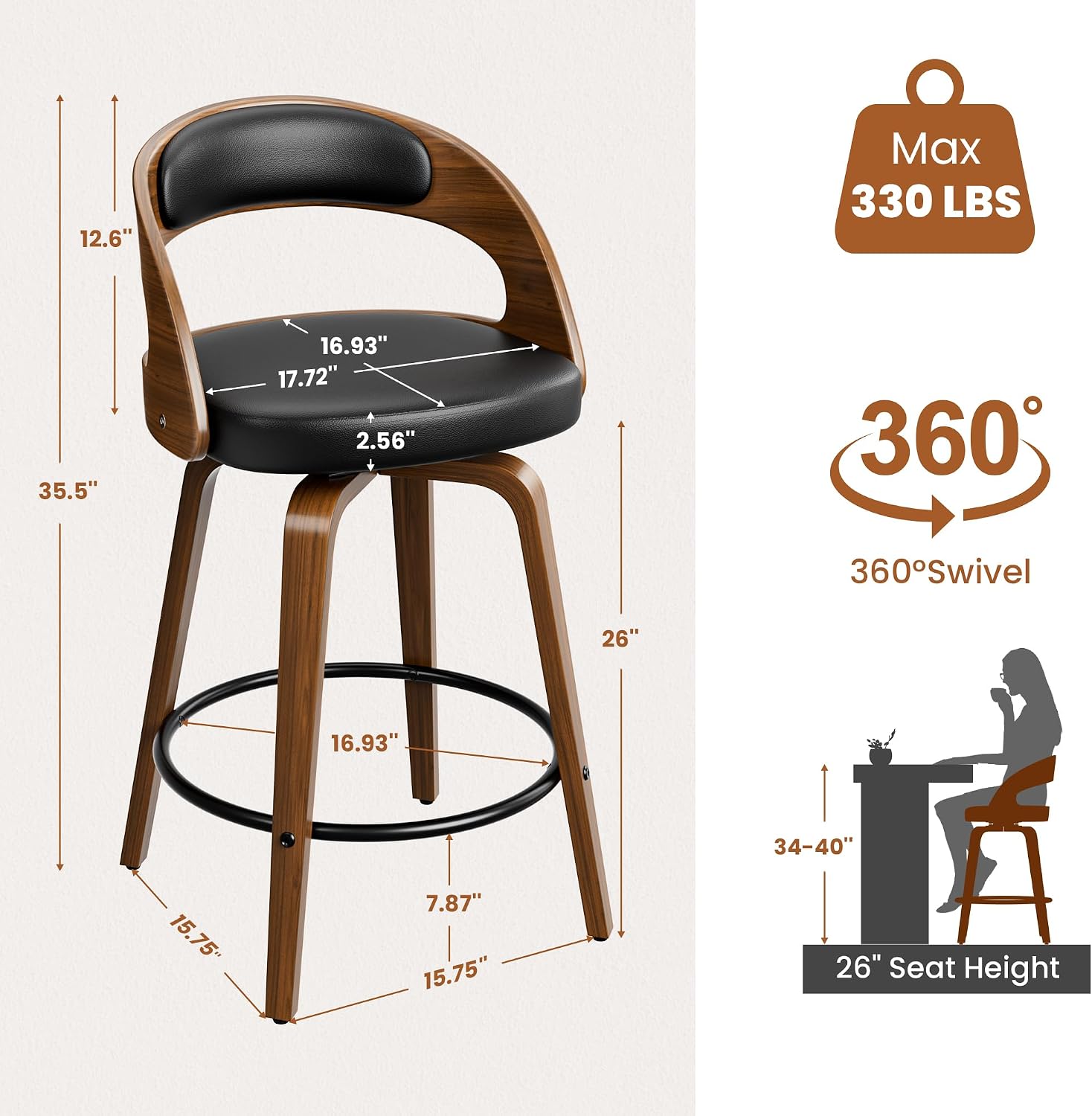 Black Bentwood Swivel Counter Stools Set of 2