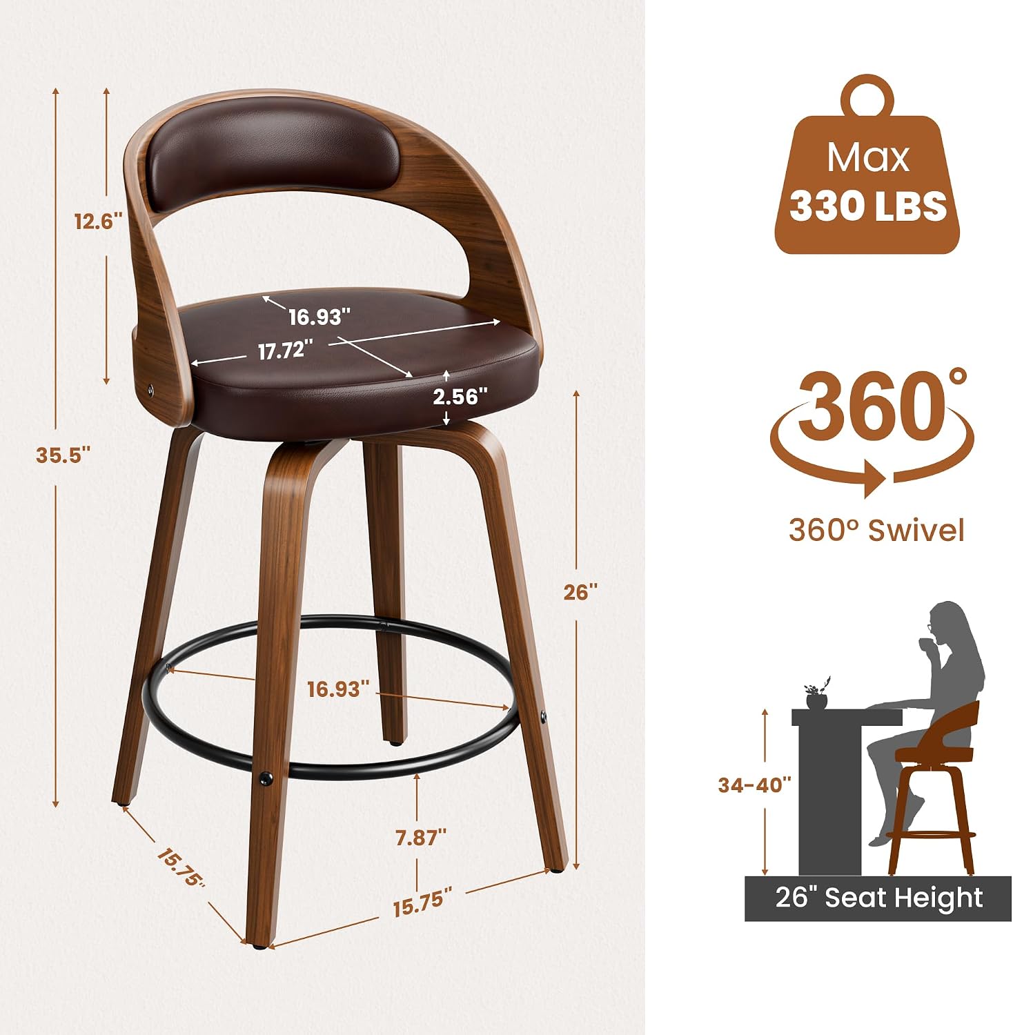 Brown Bentwood Swivel Counter Stools Set of 2