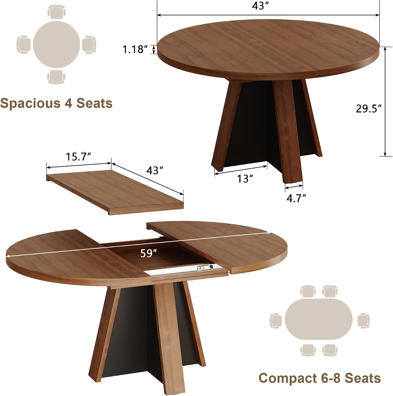 Rustic Brown Extendable Round Oval Dining Table for 4-8