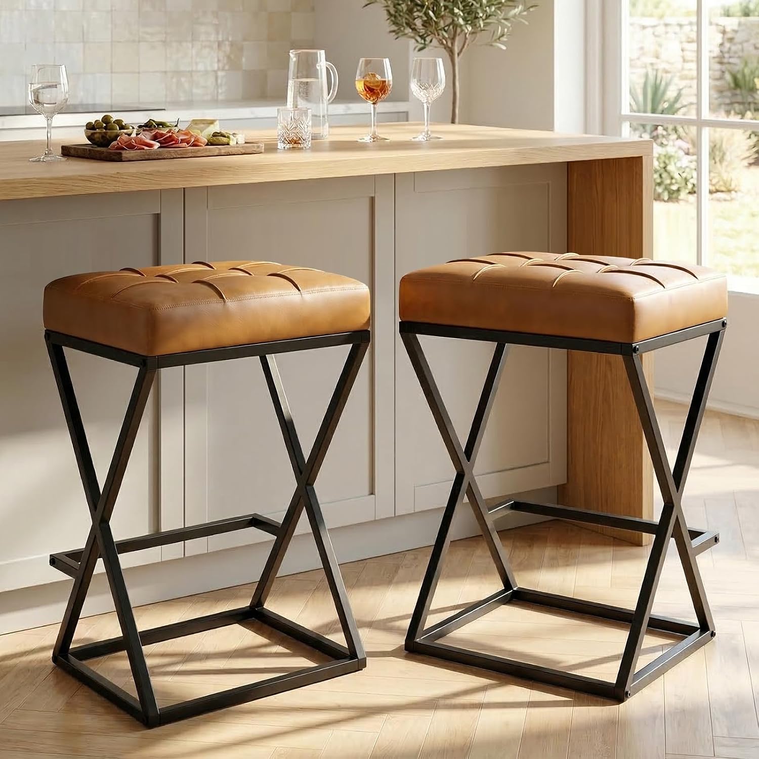 Walnut Brown Backless Counter Stools Set of 2