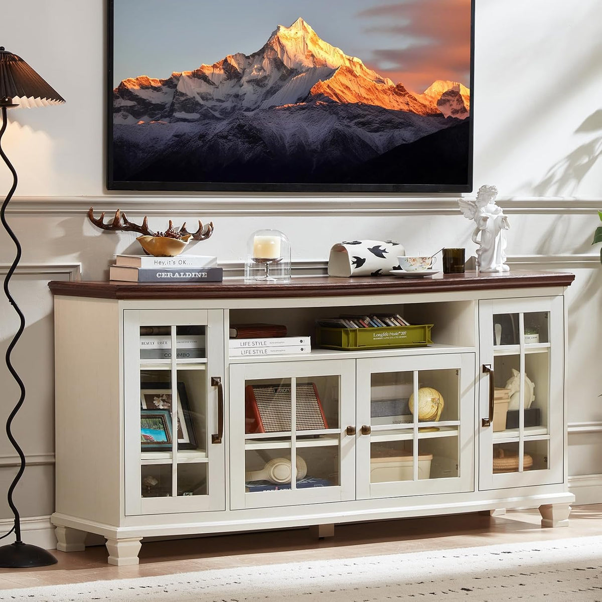 Vintage White Glass Door Sideboard