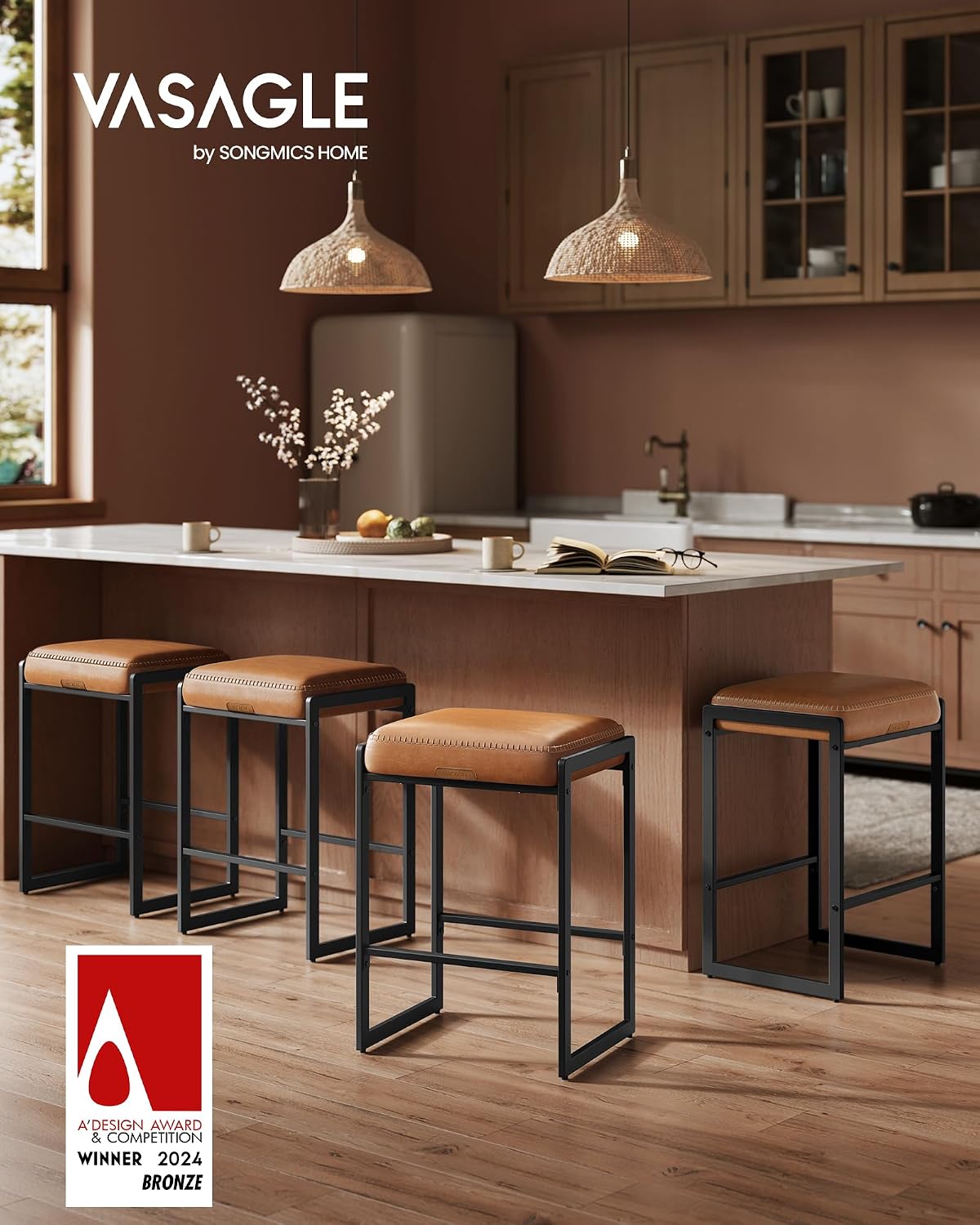 Caramel Brown Stitched Counter Stools Set of 2