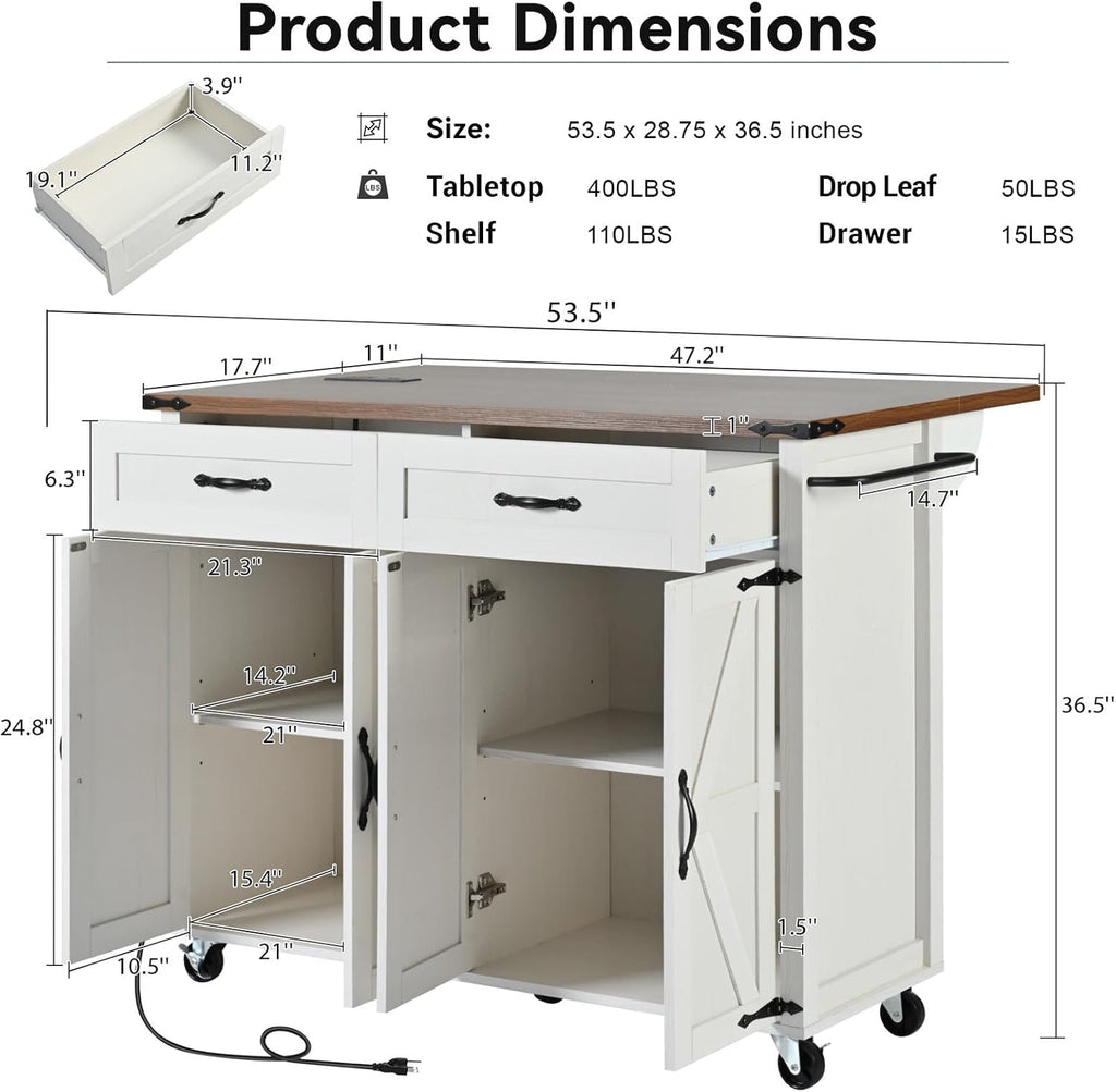 White Farmhouse Rolling Kitchen Island
