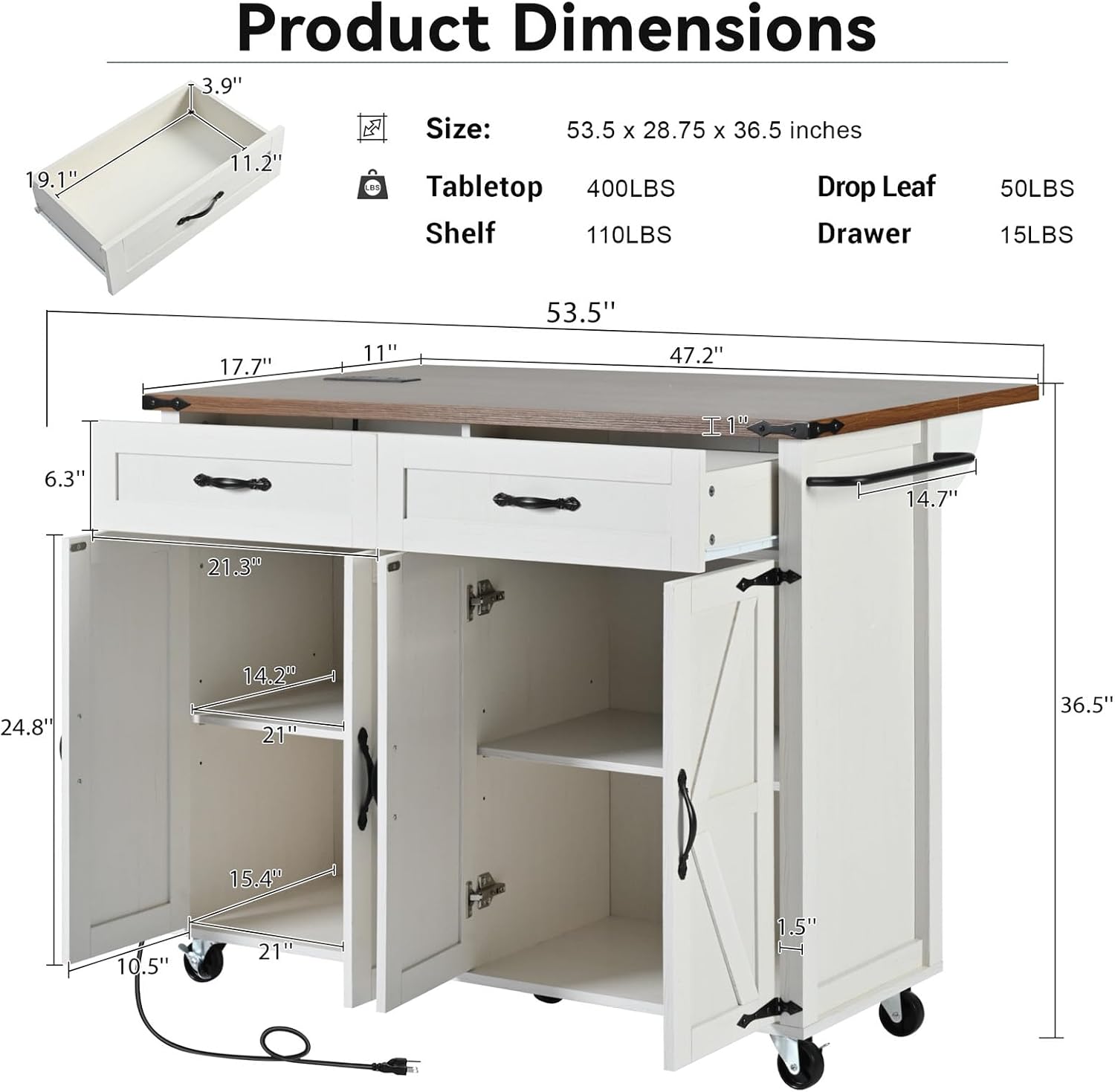 White Farmhouse Rolling Kitchen Island