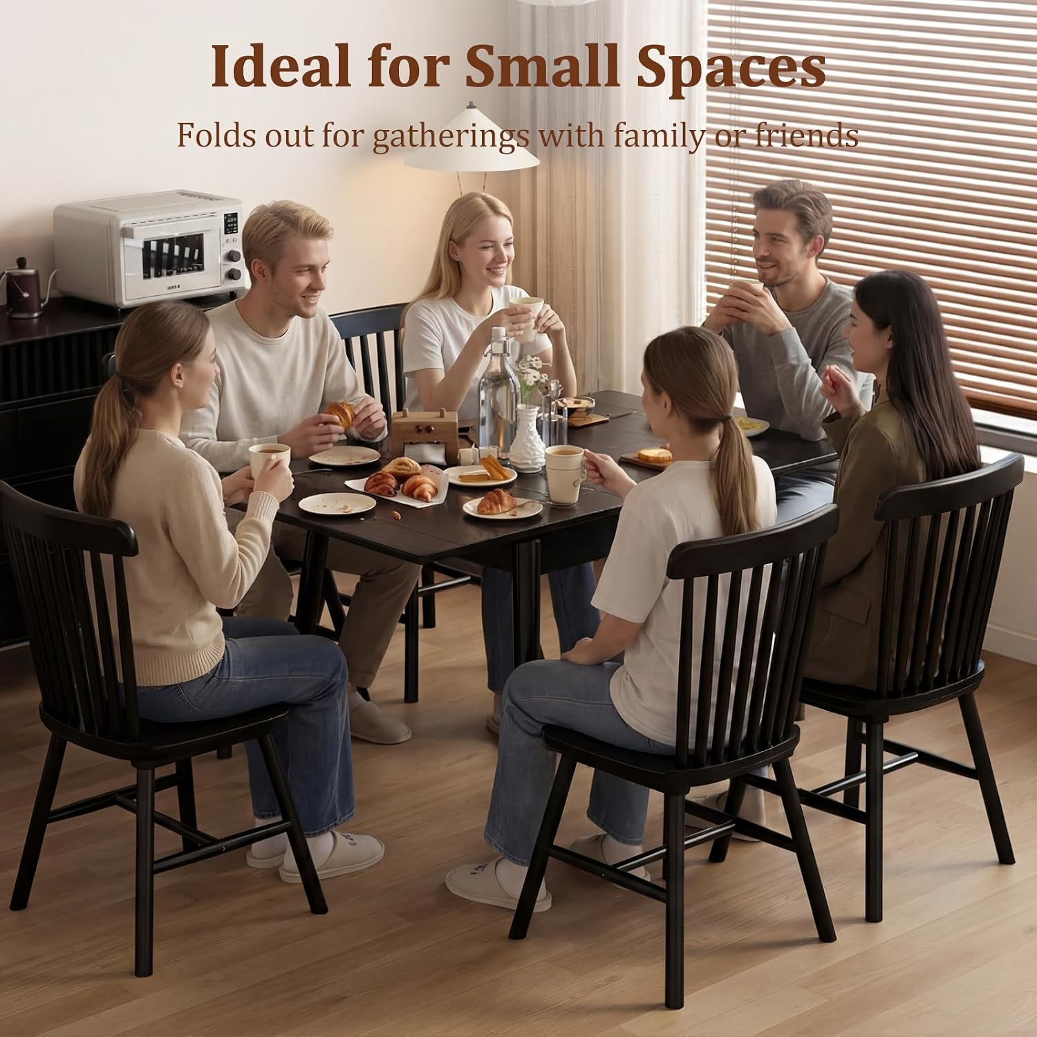 Black Expandable Solid Wood Dining Table for Small Spaces