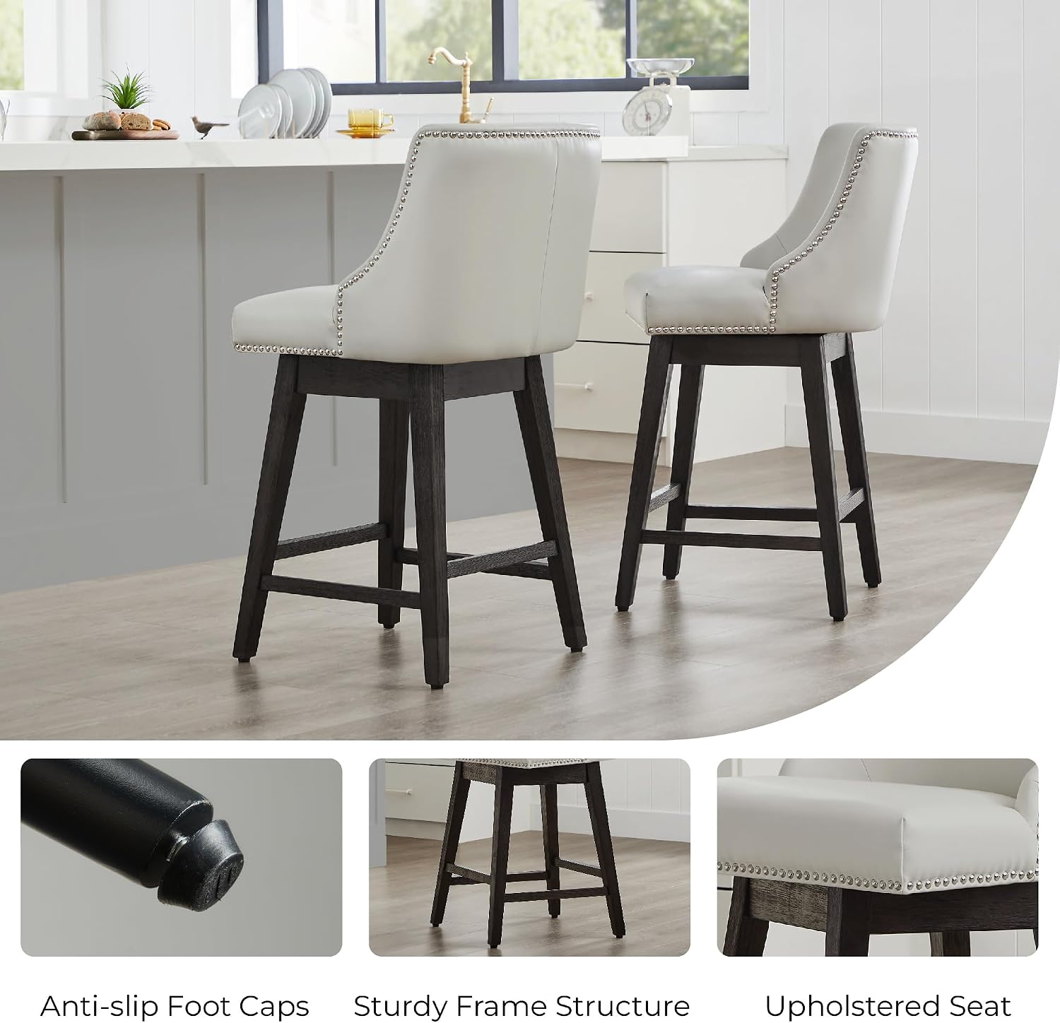Creamy Grey Wood Leg Swivel Counter Stools Set of 2