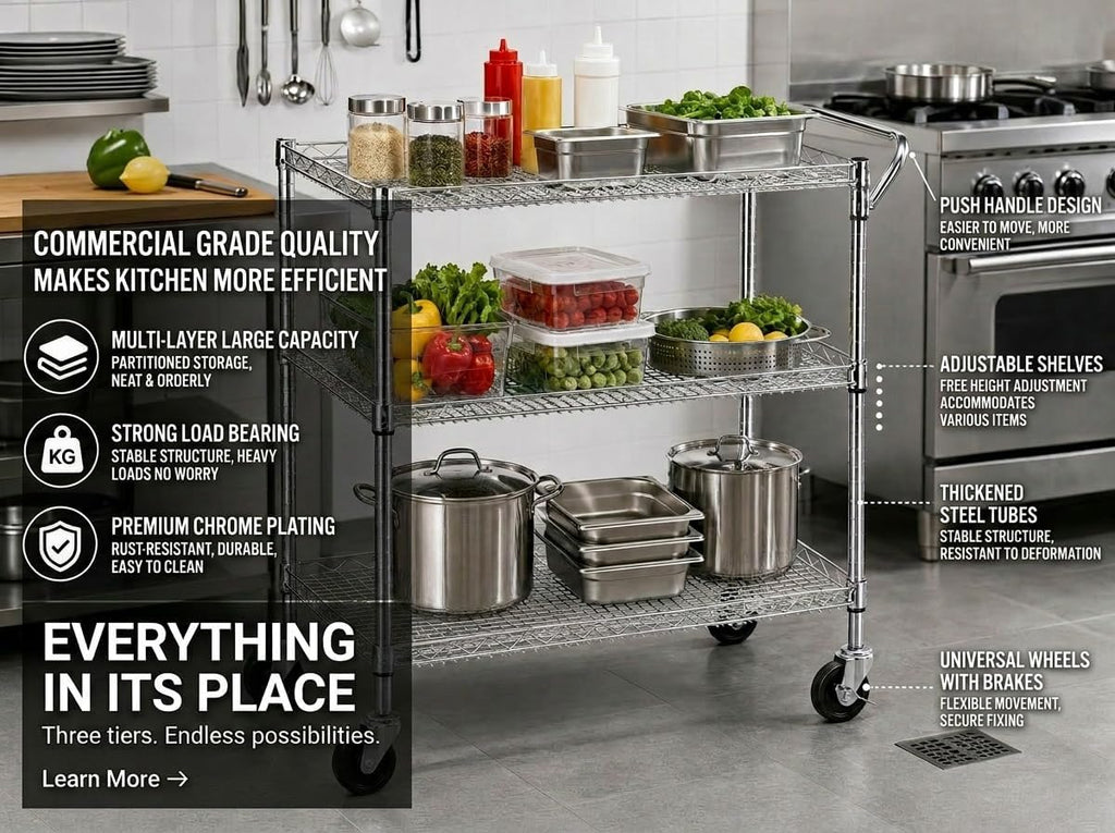 3-Tier Heavy Duty Metal Rolling Cart