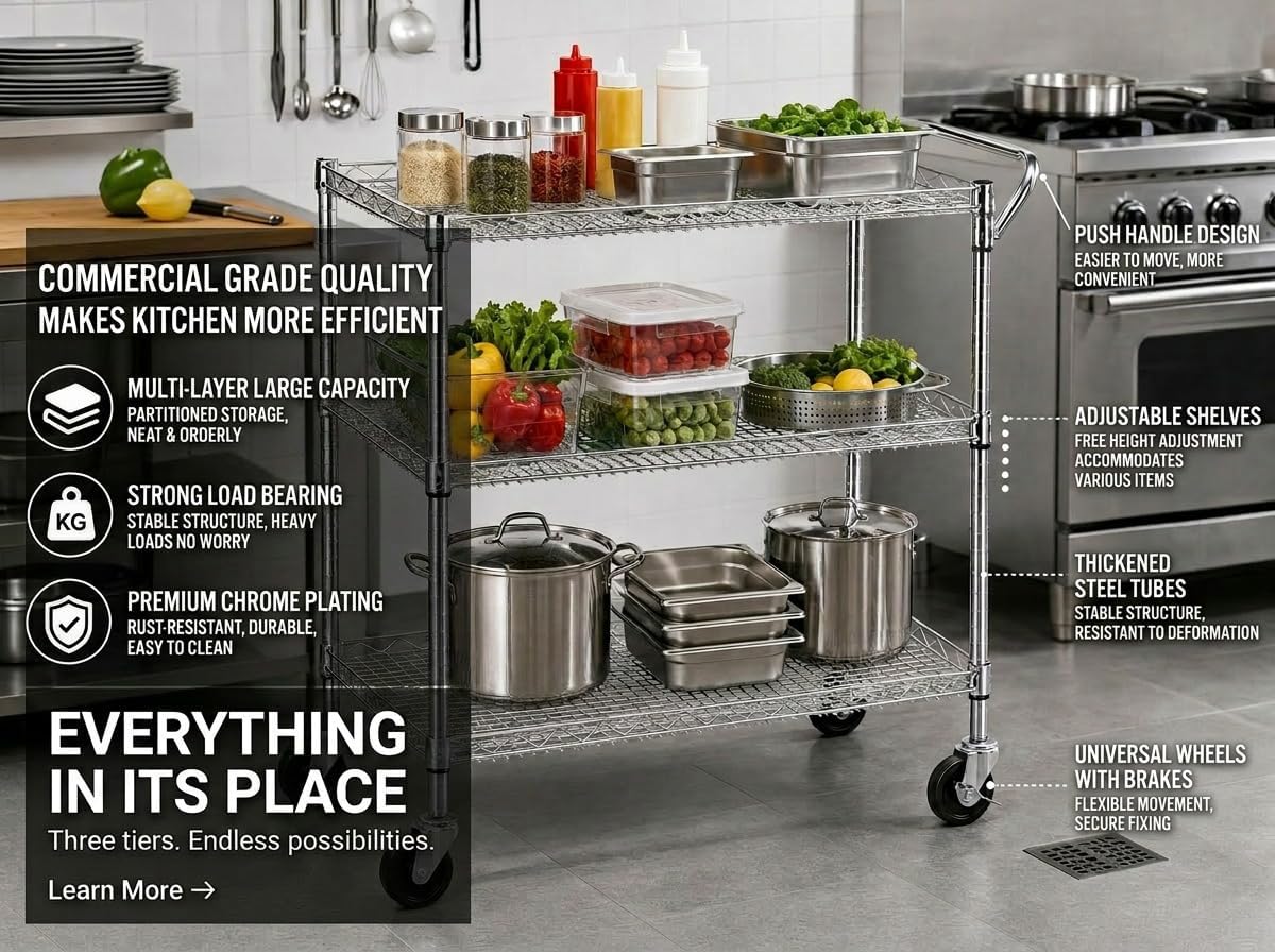 3-Tier Heavy Duty Metal Rolling Cart