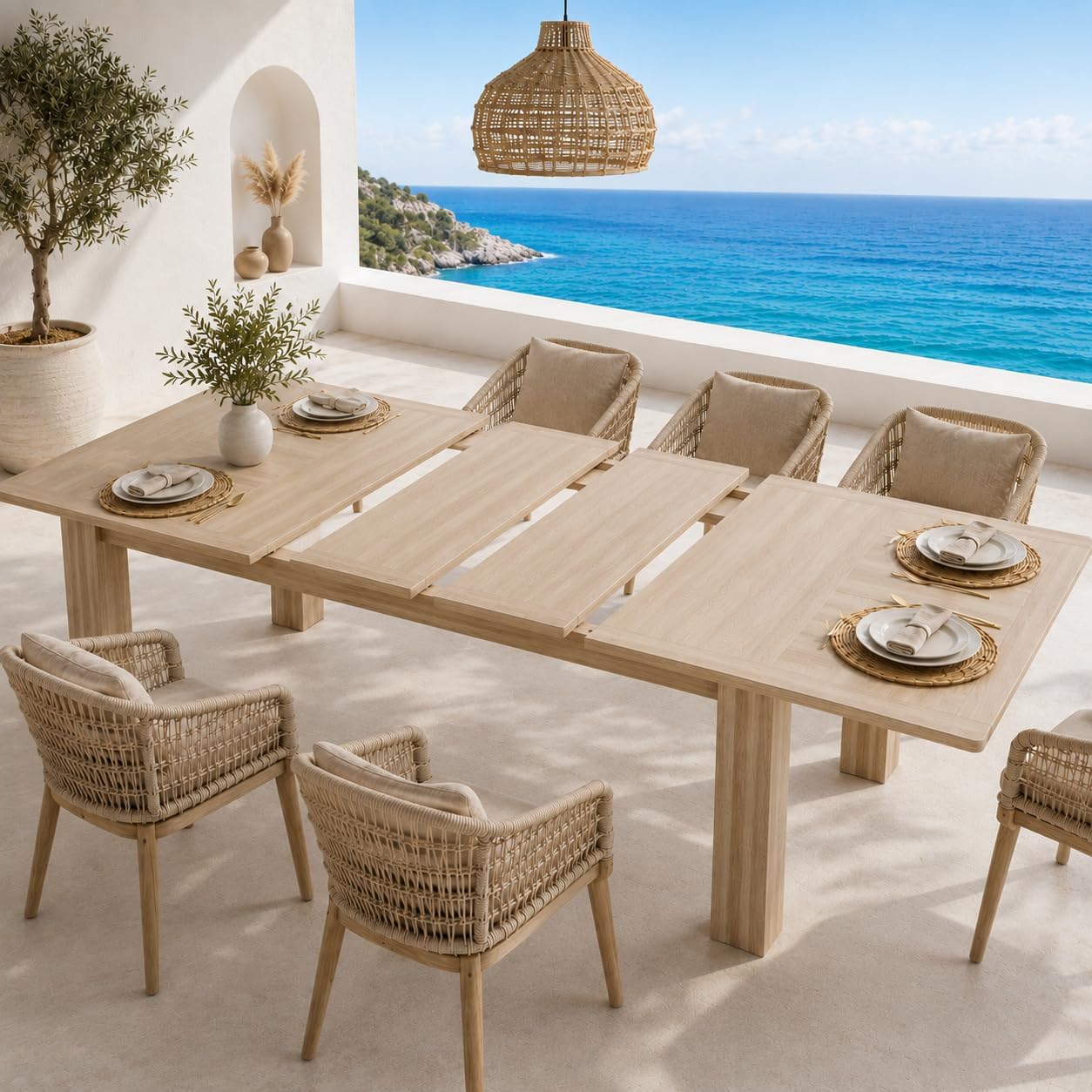 Natural Solid Wood Rectangular Extendable Dining Table