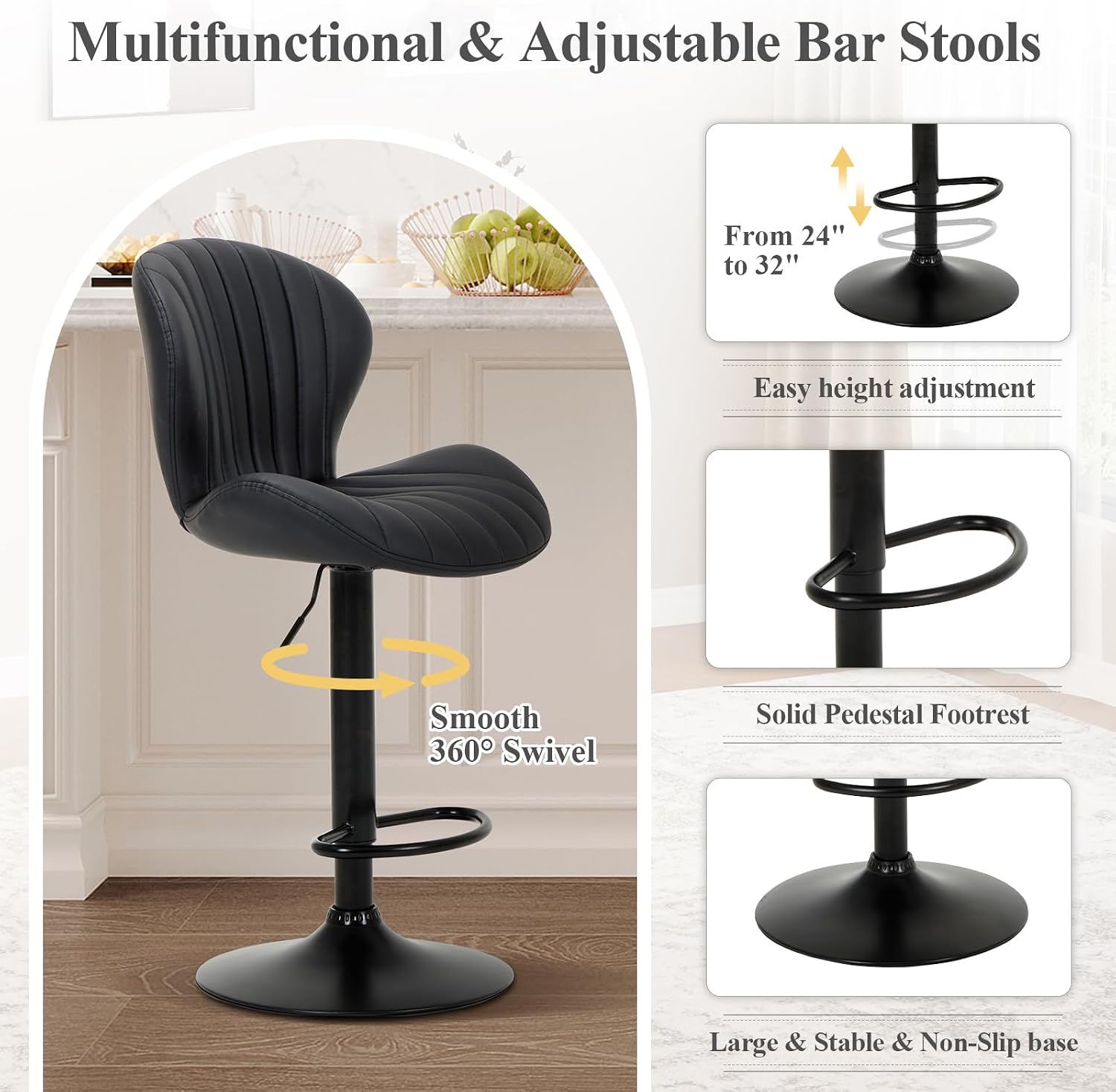 Black Adjustable Swivel Bar Stools Set of 3