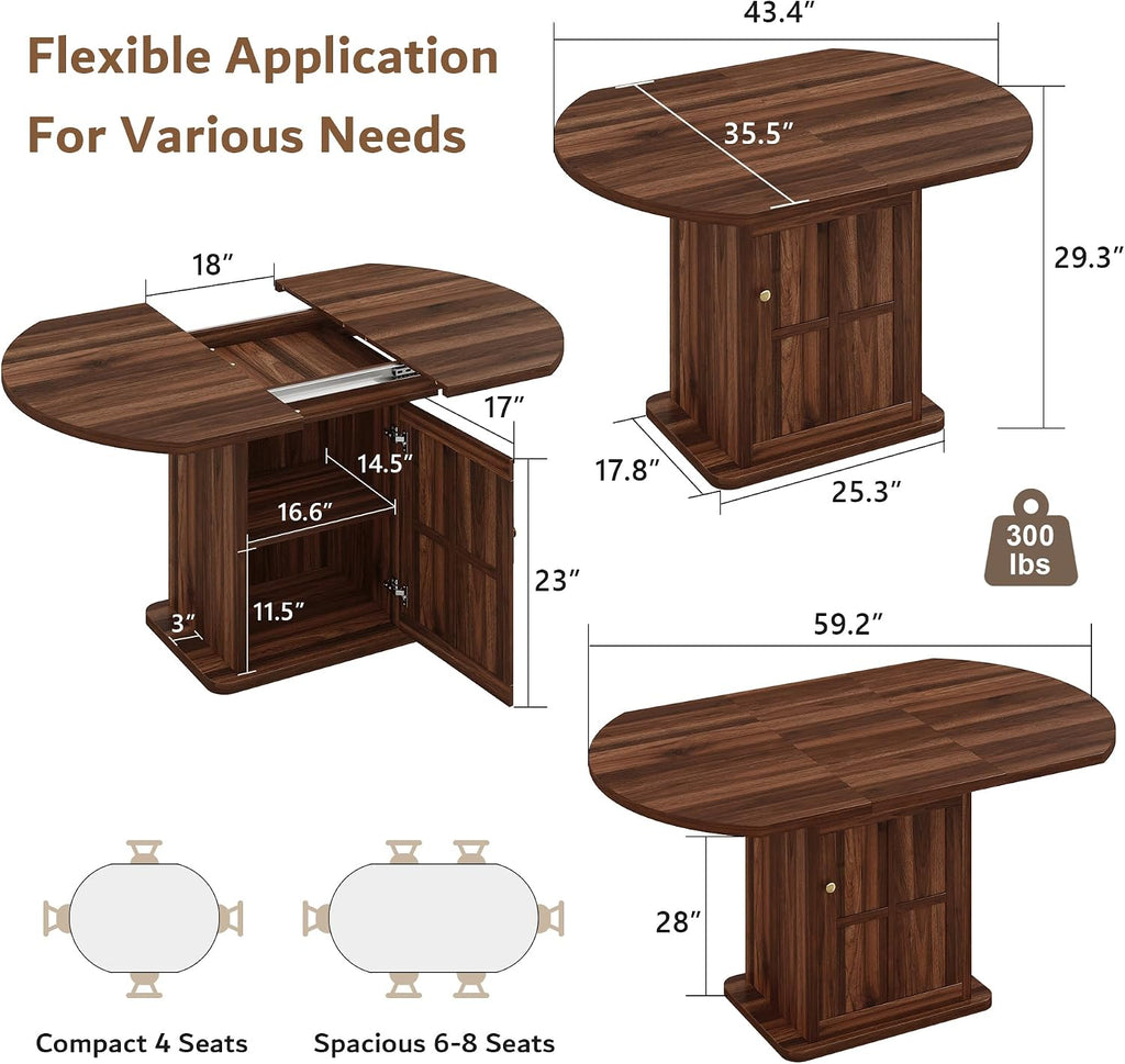 Walnut Pedestal Extendable Round Dining Table with Storage