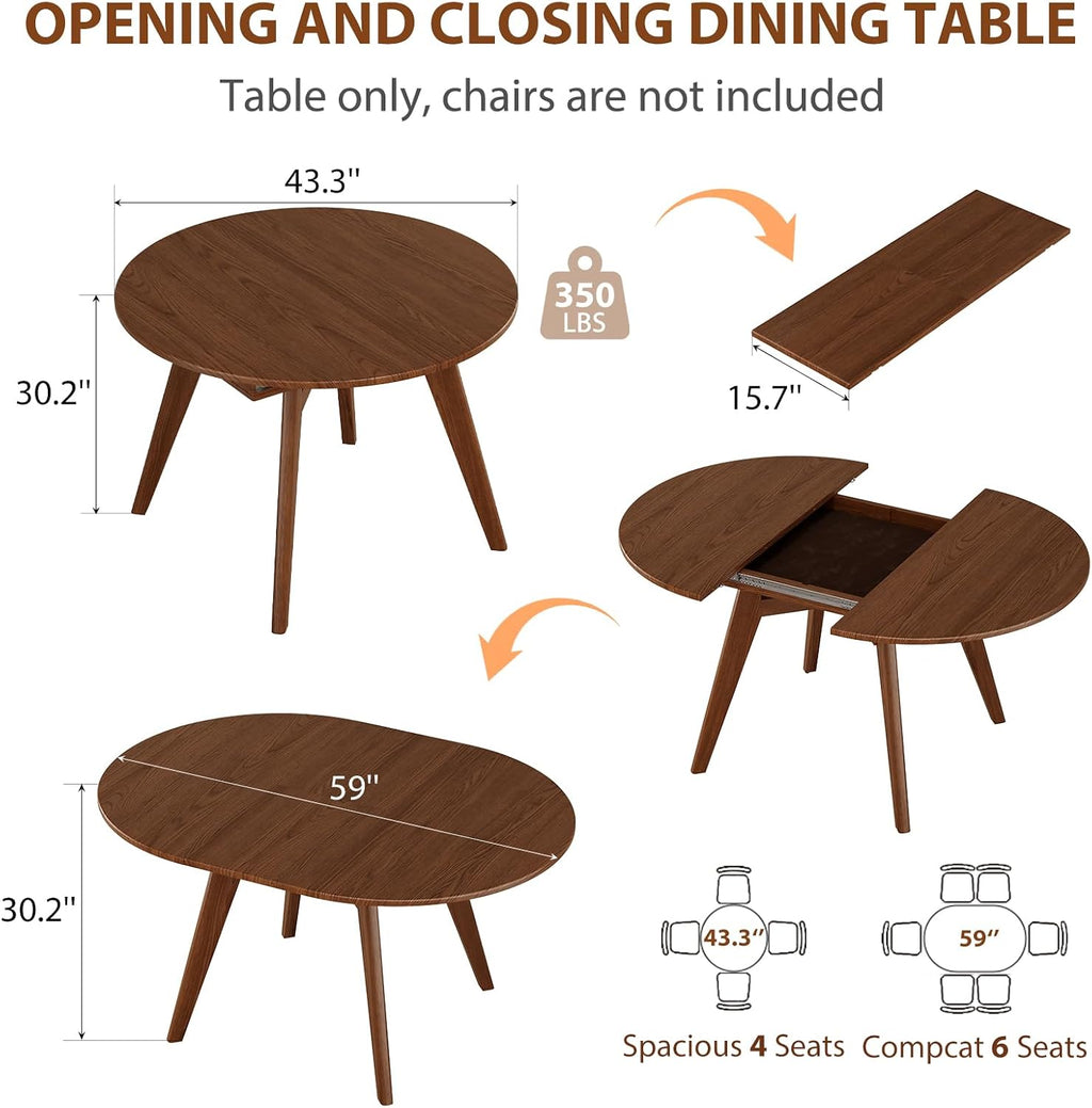 Walnut Solid Wood Extendable Round Oval Dining Table with Storage