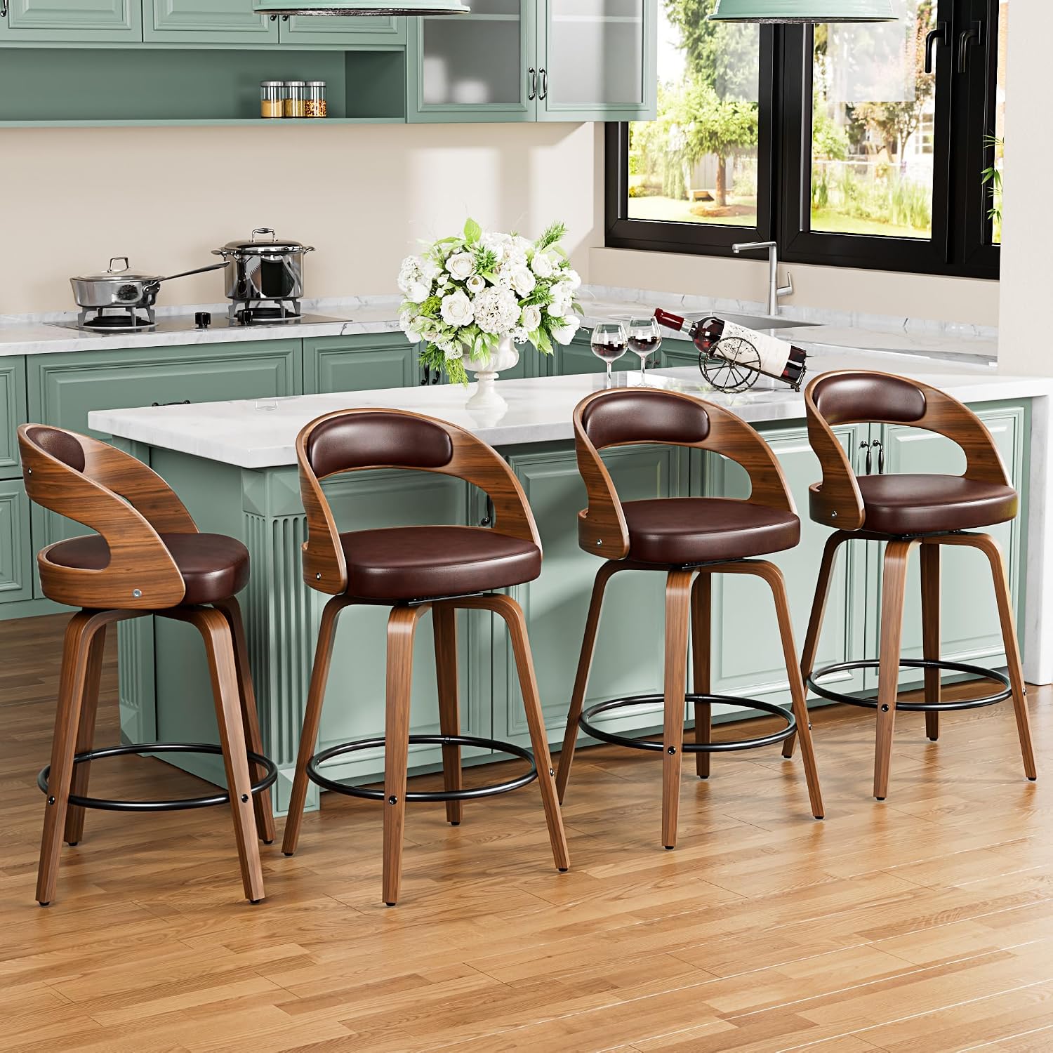 Brown Bentwood Swivel Counter Stools Set of 2