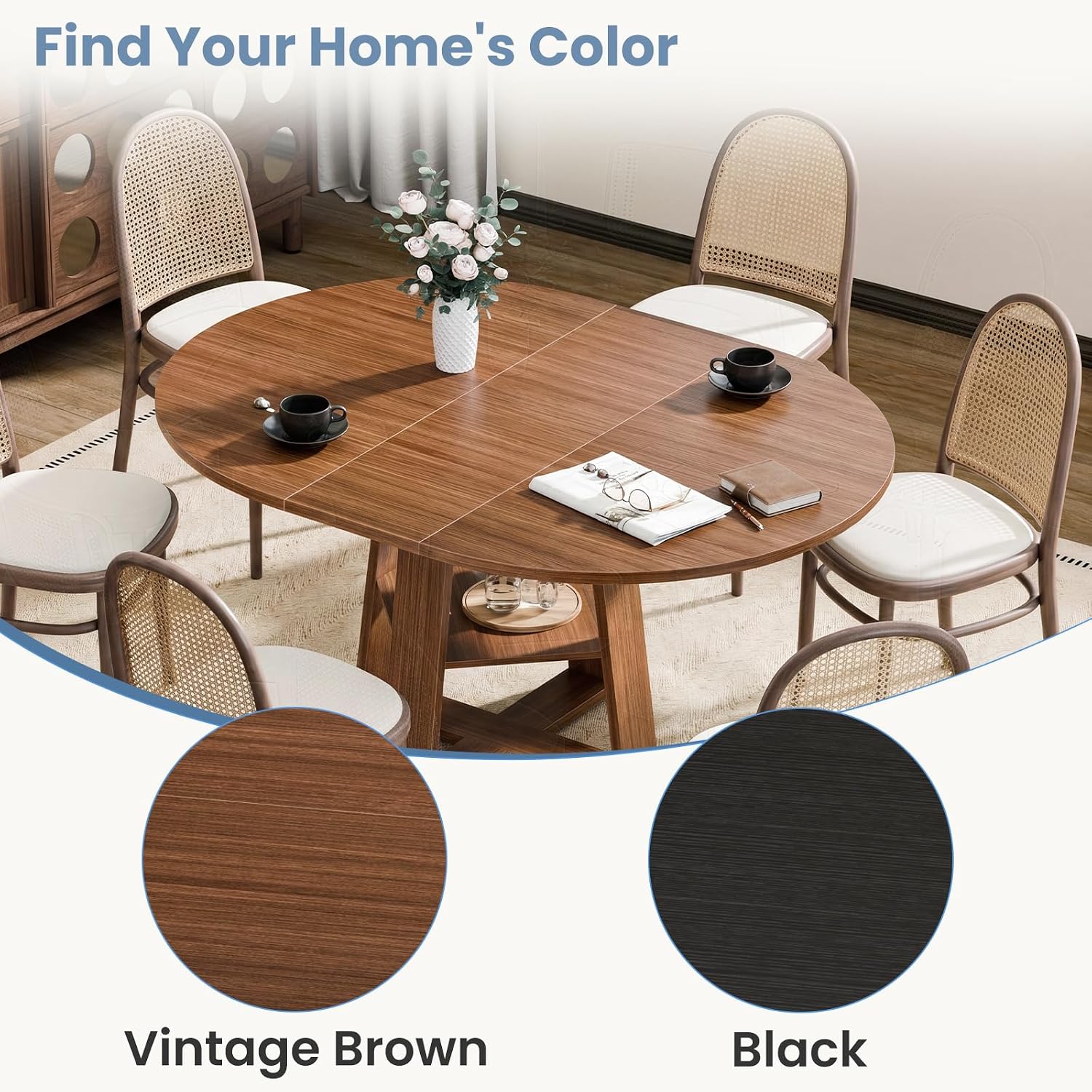 Brown Pedestal Extendable Round Oval Dining Table with Storage