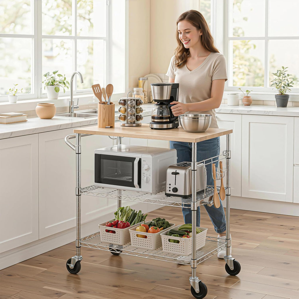 Oak Top Chrome Rolling Kitchen Cart