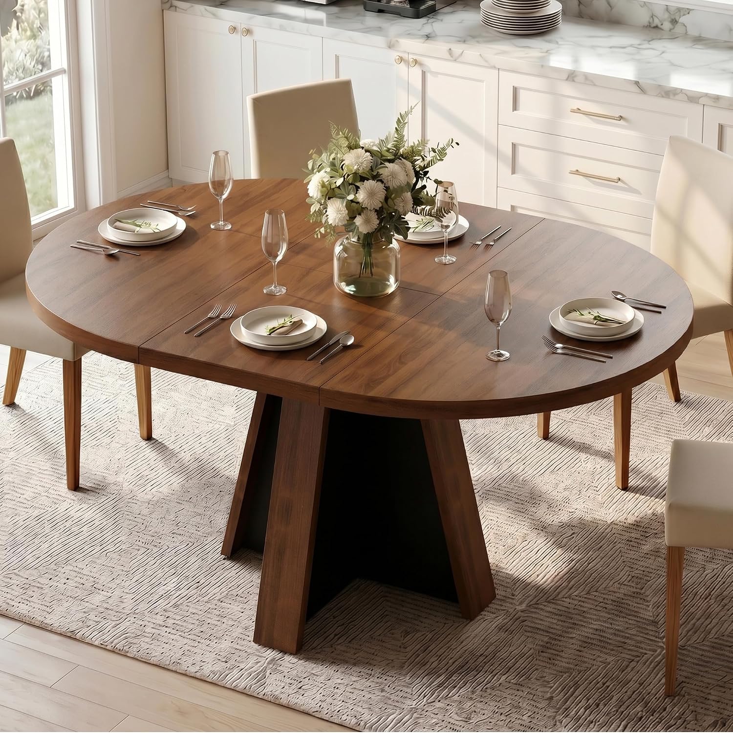 Rustic Brown Extendable Round Oval Dining Table for 4-8
