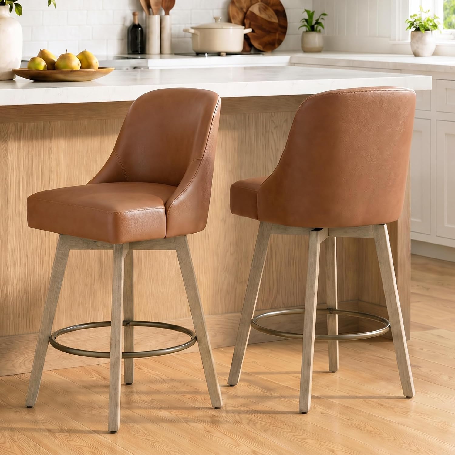 Brown Wood Leg Swivel Counter Stools Set of 2