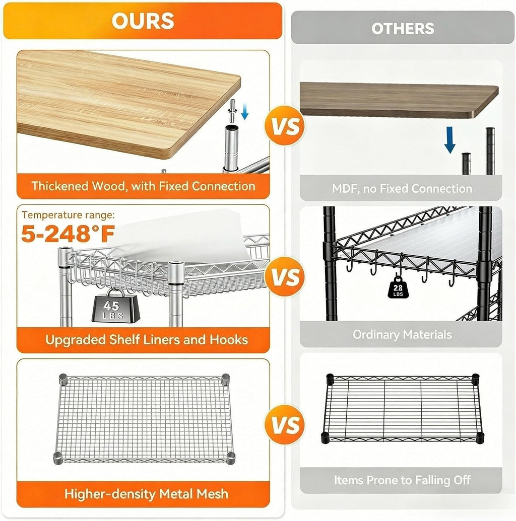 Wood Top 3-Tier Rolling Kitchen Cart