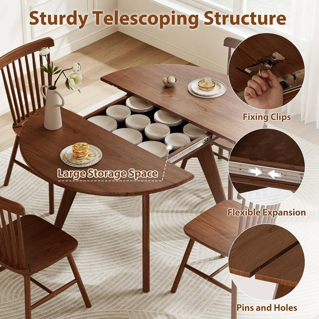 Walnut Solid Wood Extendable Round Oval Dining Table with Storage