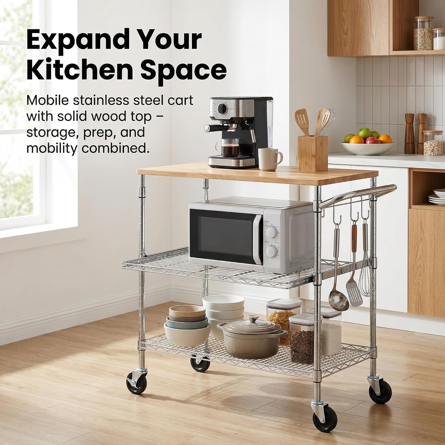 Oak Top Chrome Rolling Kitchen Cart