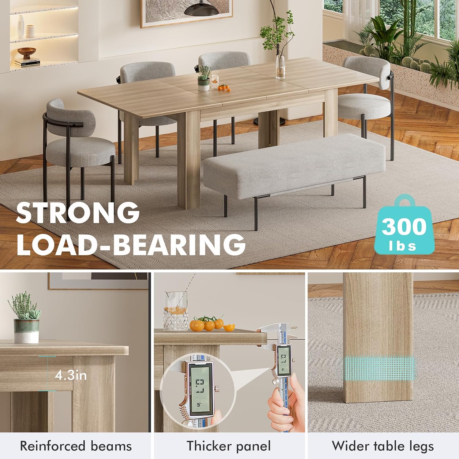 Natural Solid Wood Rectangular Extendable Dining Table