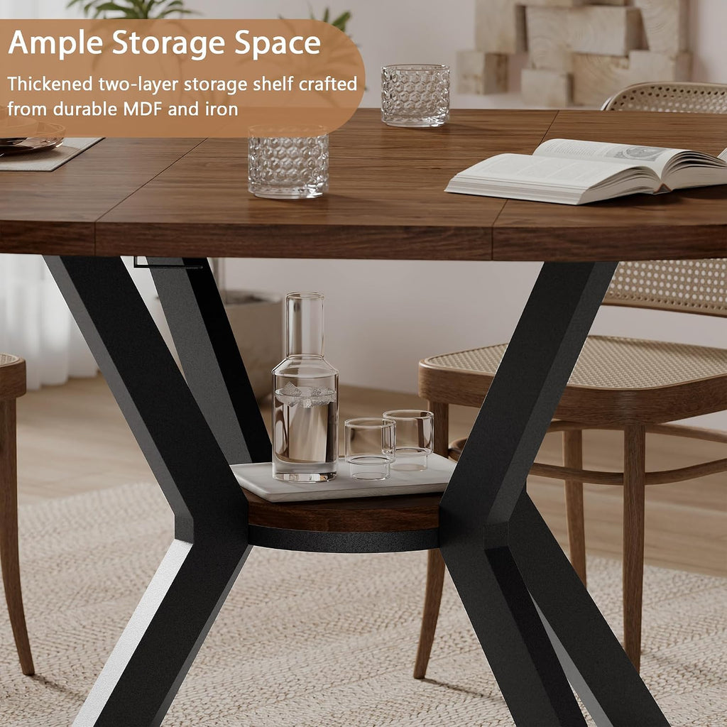 Extendable Round Dining Table with Storage Metal Legs