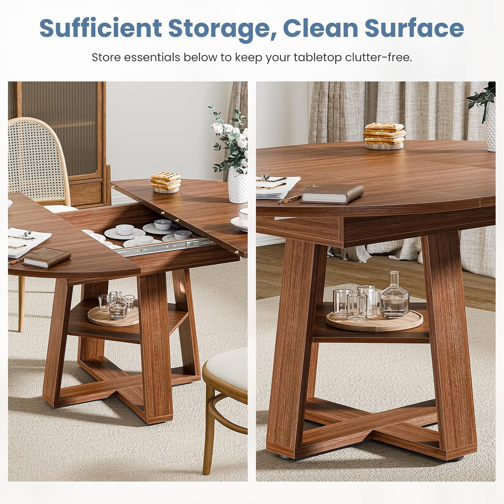 Brown Pedestal Extendable Round Oval Dining Table with Storage