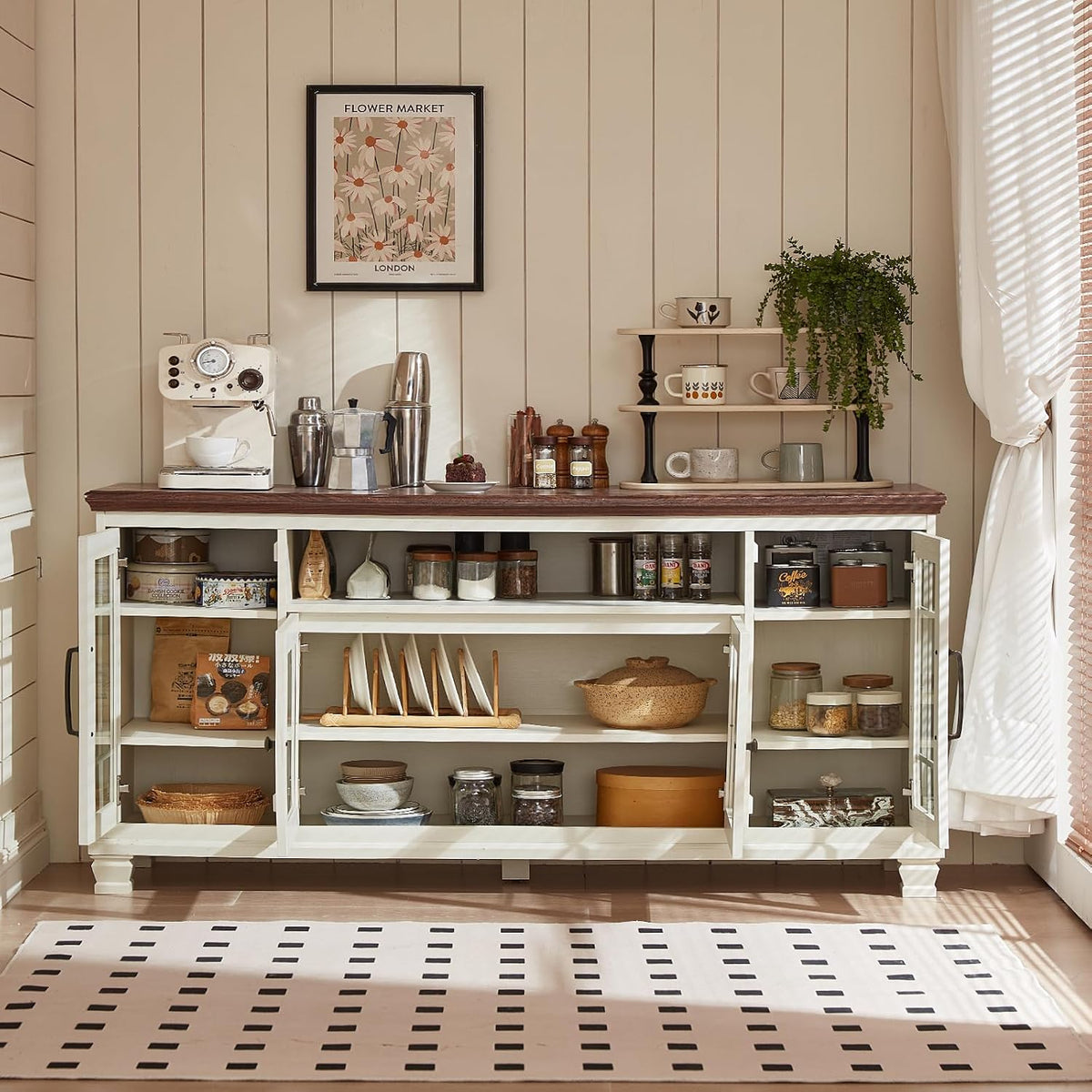 Vintage White Glass Door Sideboard