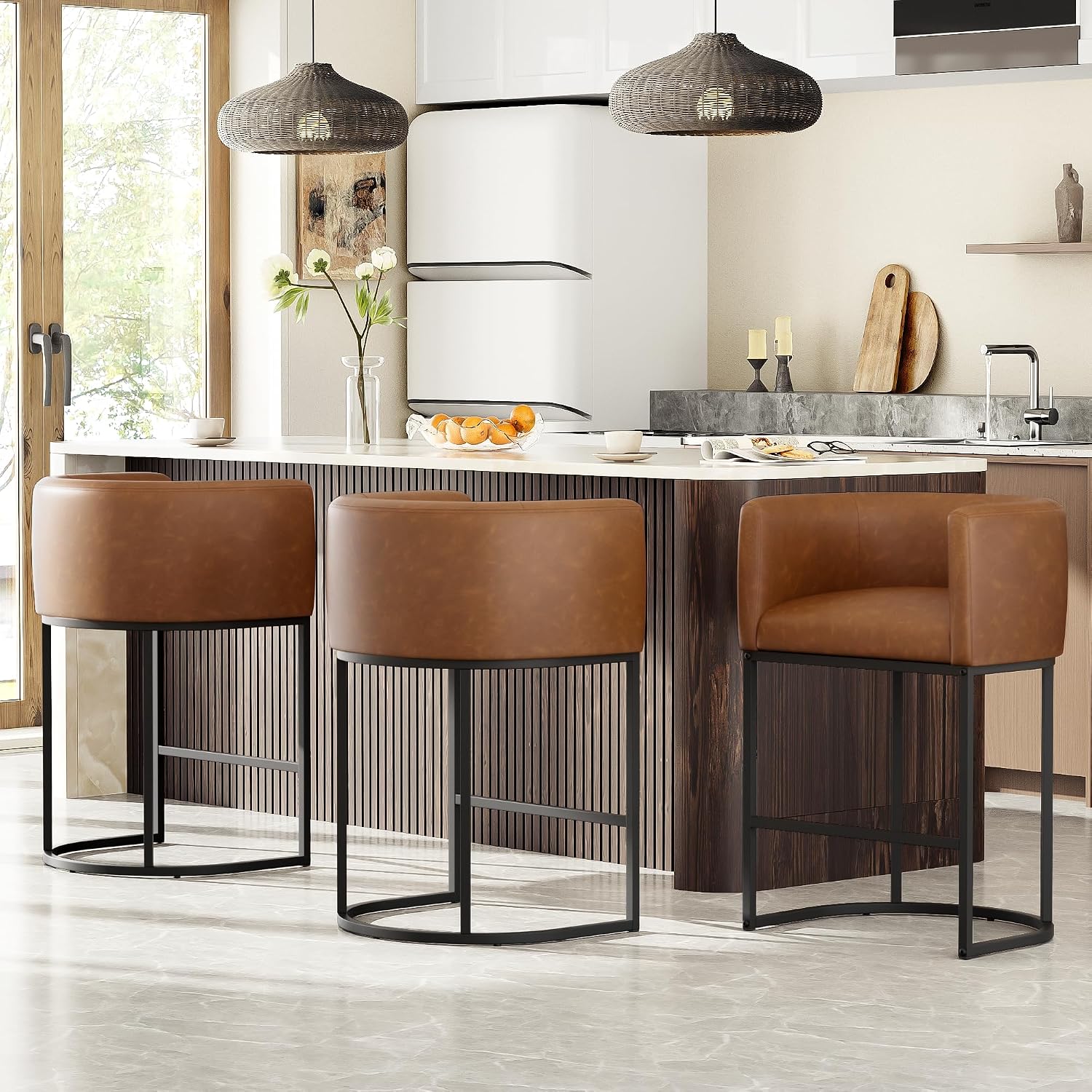 Walnut Brown Arm Barrel Counter Stools Set of 3