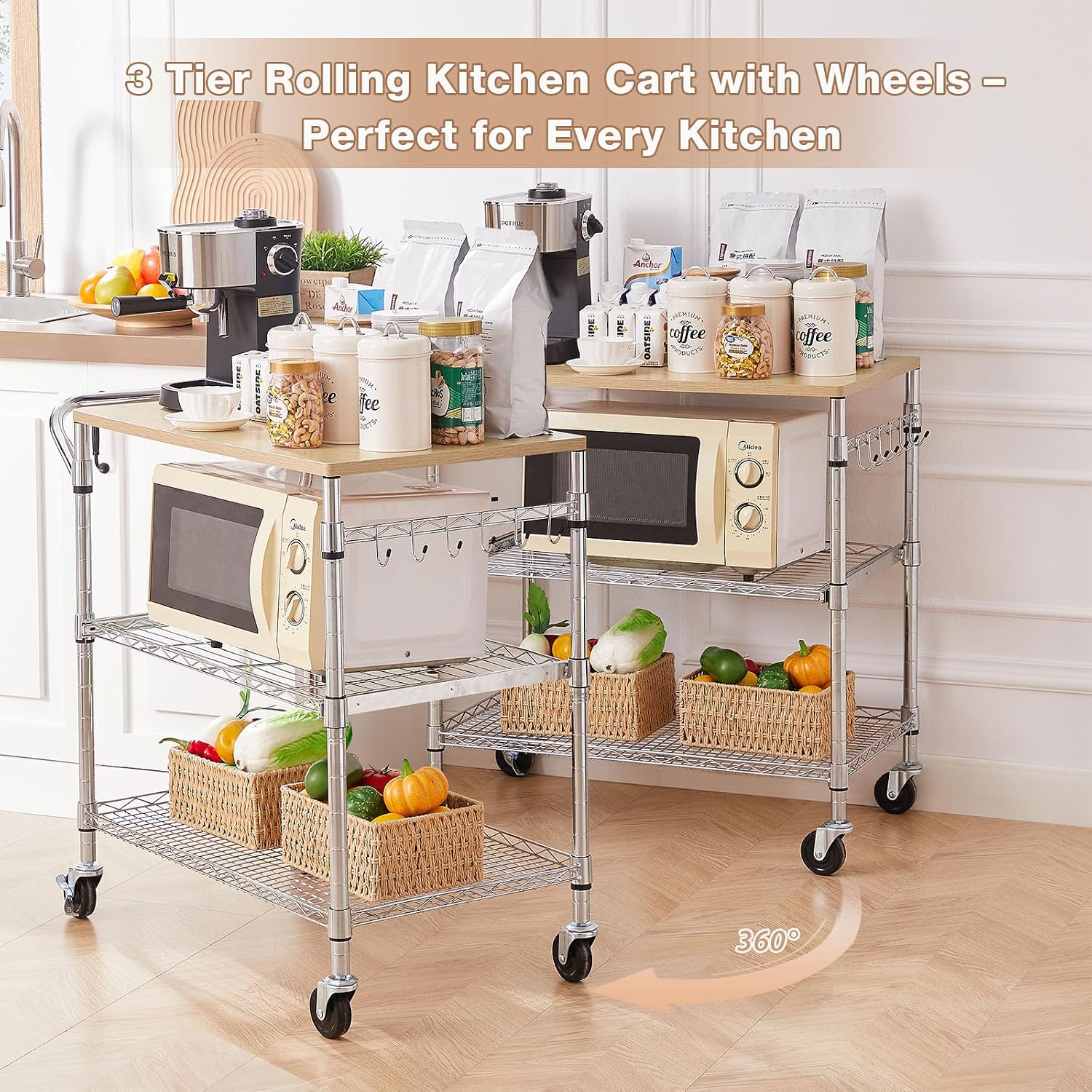 Wood Chrome Rolling Kitchen Cart
