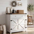 White Brown Farmhouse Barn Door Cabinet