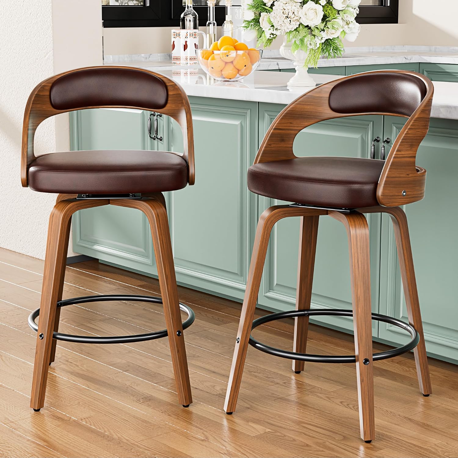 Brown Bentwood Swivel Counter Stools Set of 2