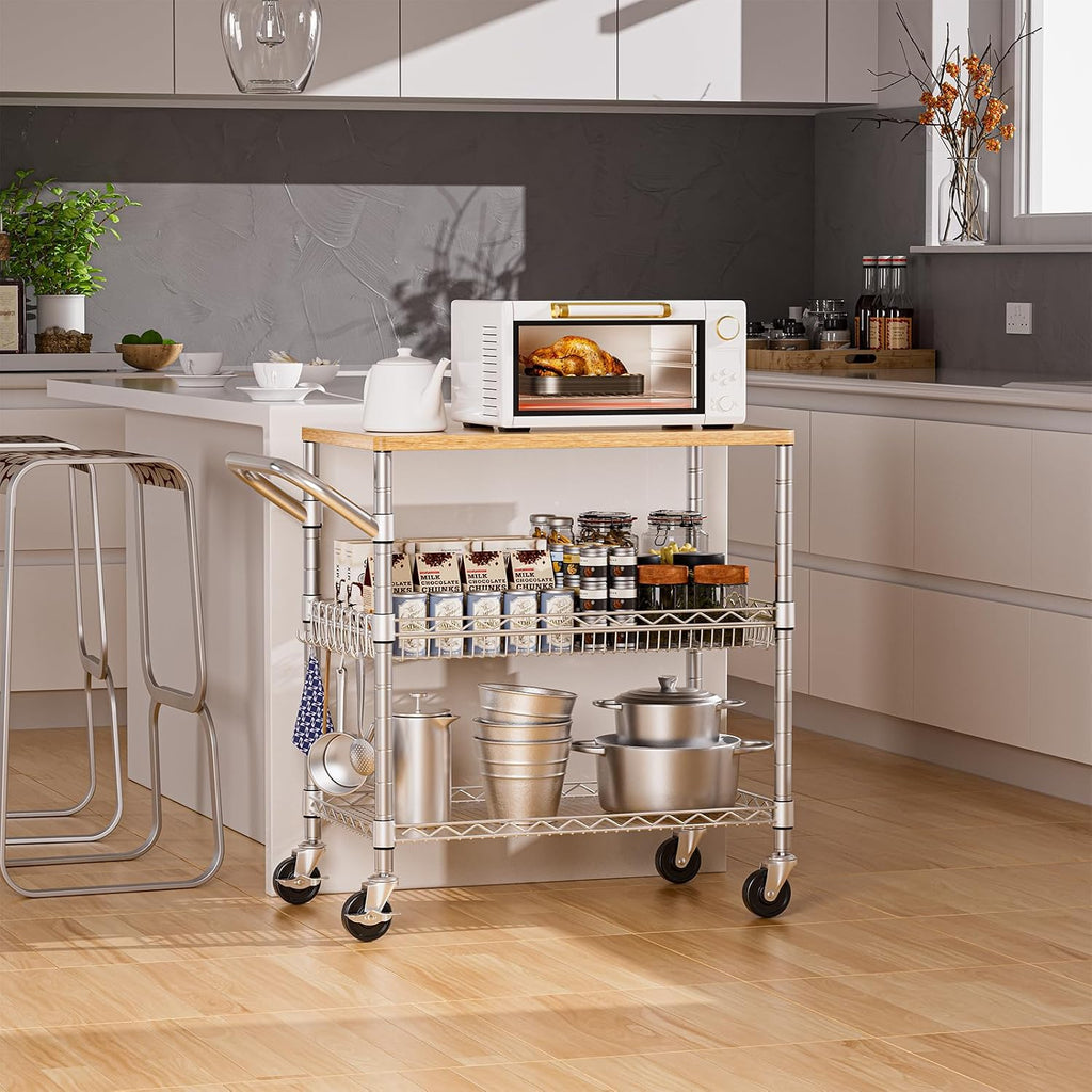 Wood Top 3-Tier Rolling Kitchen Cart