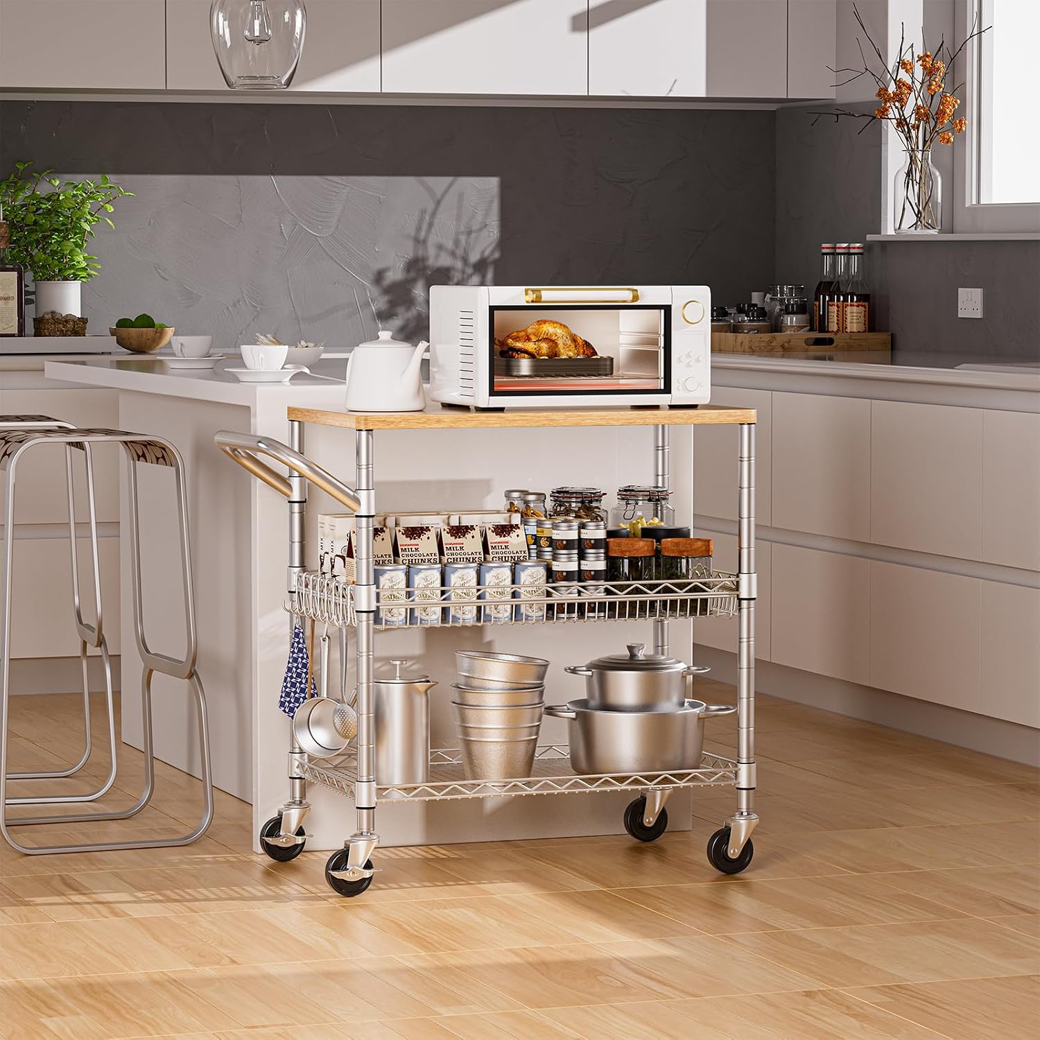 Wood Top 3-Tier Rolling Kitchen Cart