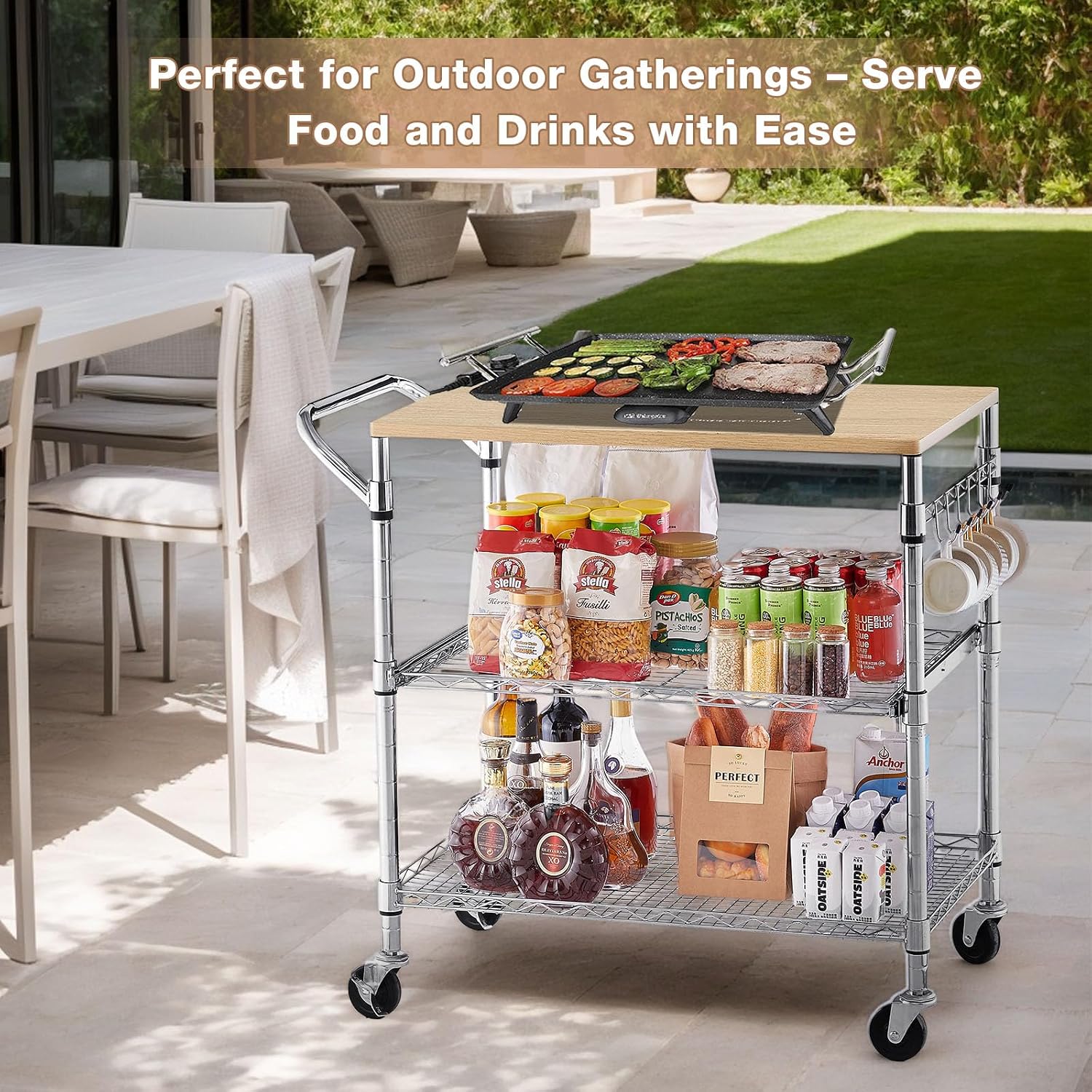 Wood Chrome Rolling Kitchen Cart