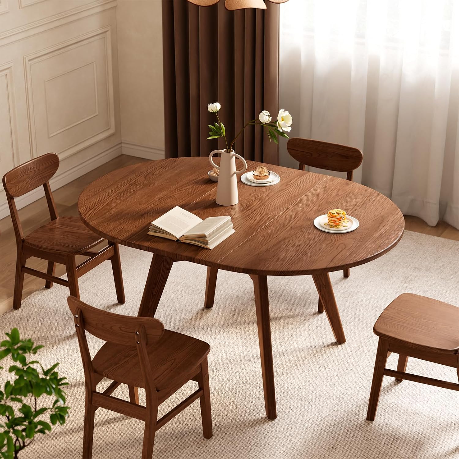 Walnut Solid Wood Extendable Round Oval Dining Table with Storage