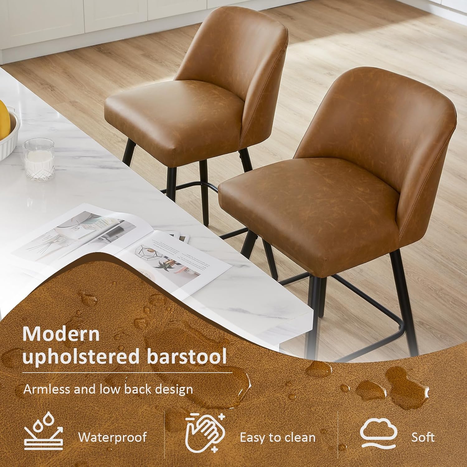 Saddle Brown High Back Swivel Counter Stools Set of 2