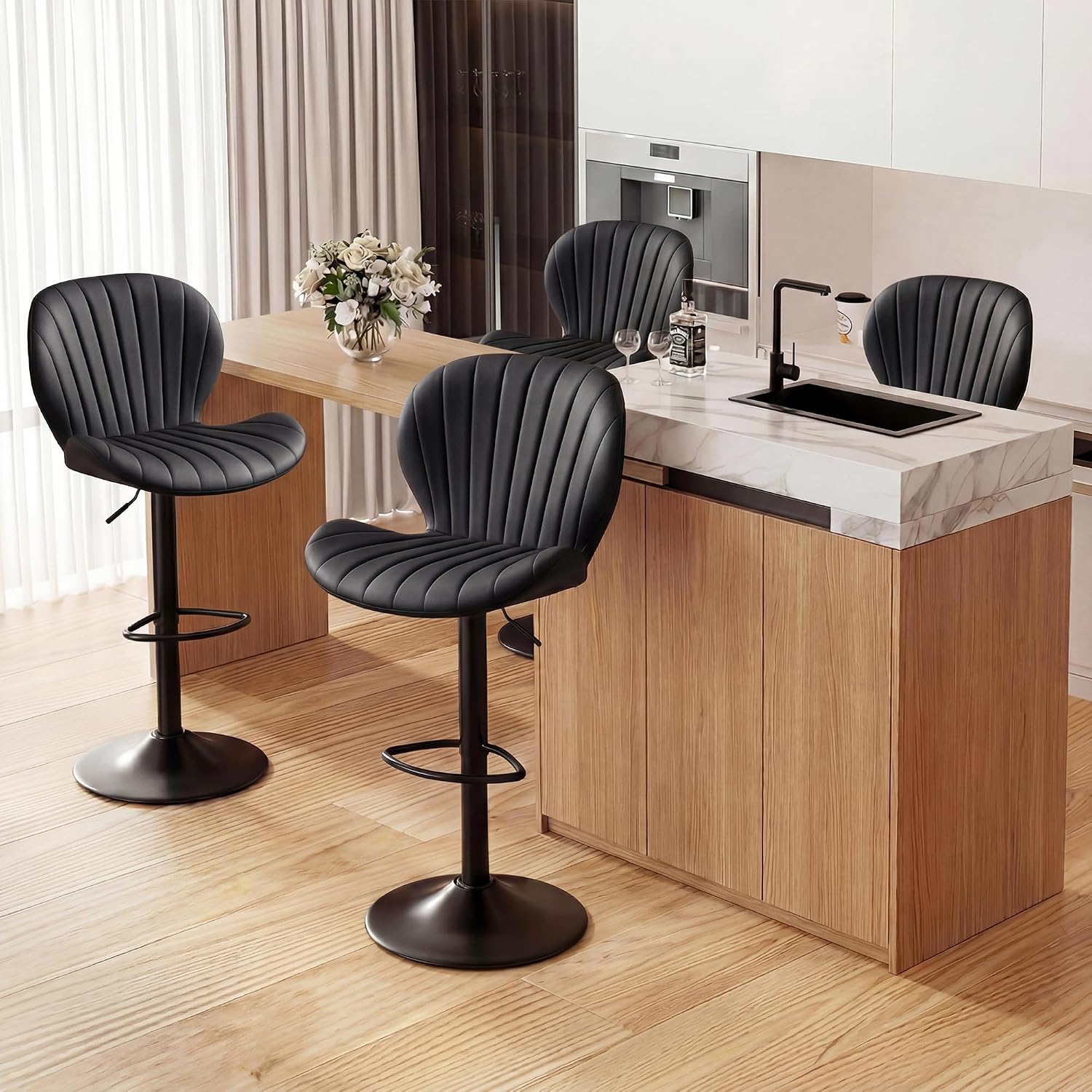 Black Adjustable Swivel Bar Stools Set of 4