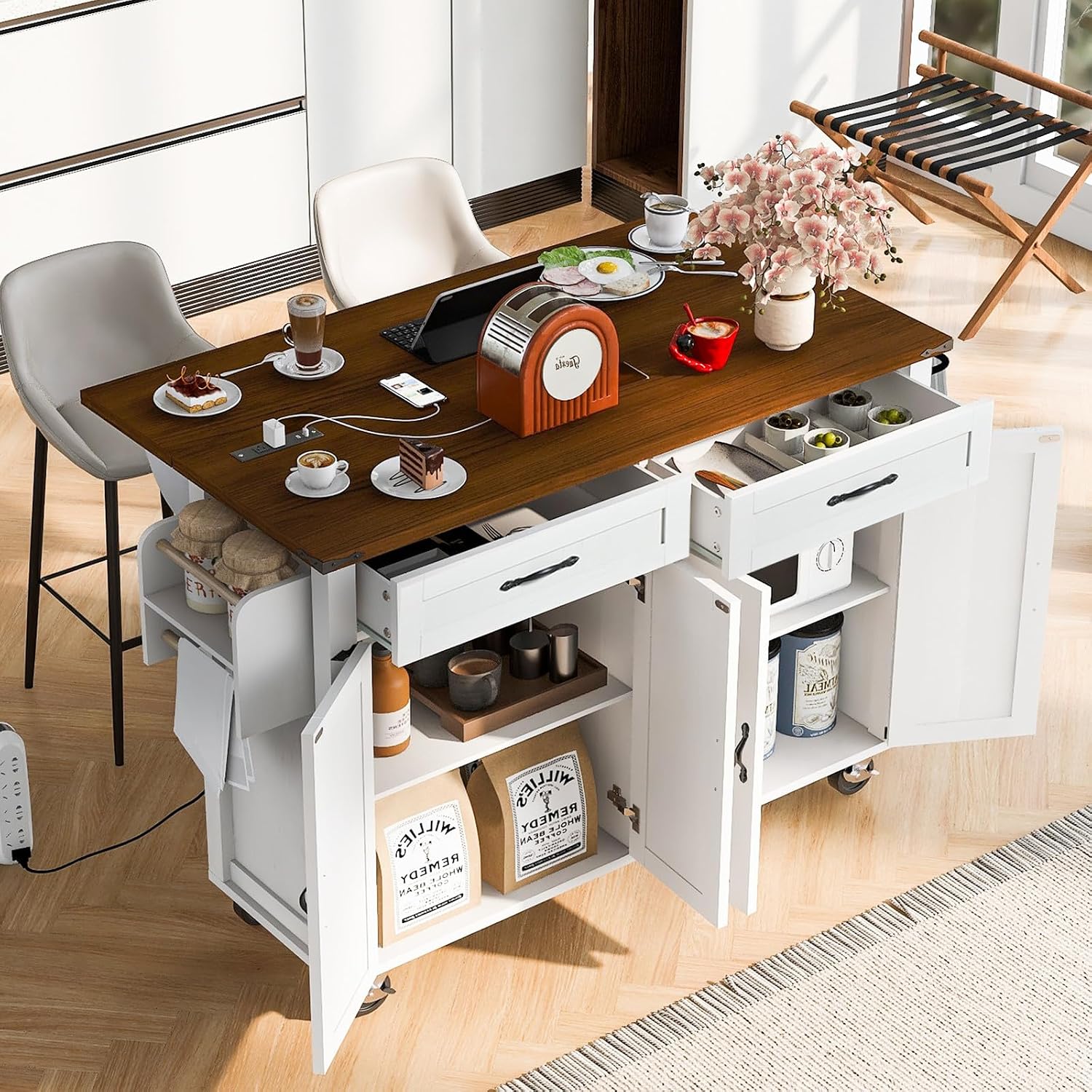 White Farmhouse Rolling Kitchen Island