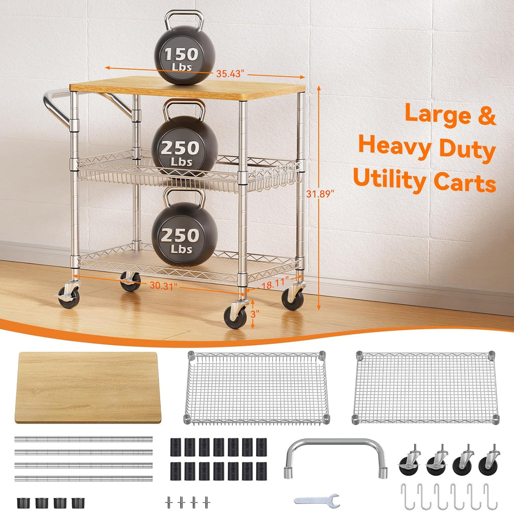Wood Metal Rolling Kitchen Cart