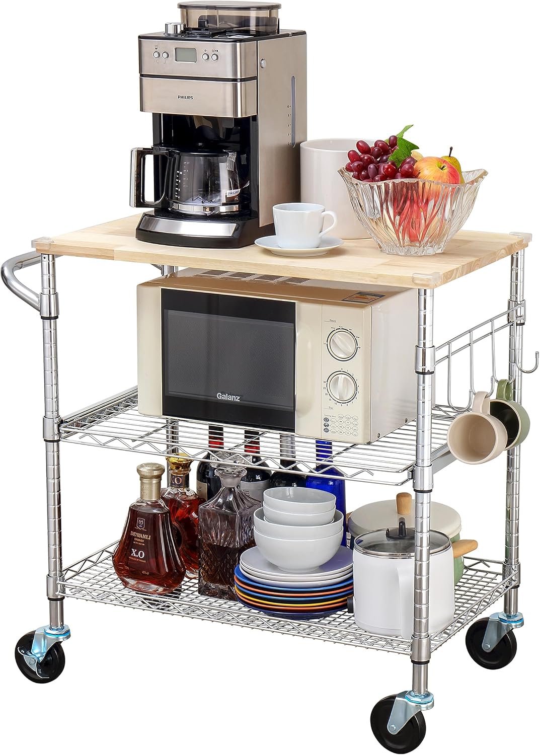 Oak Top Chrome Rolling Kitchen Cart